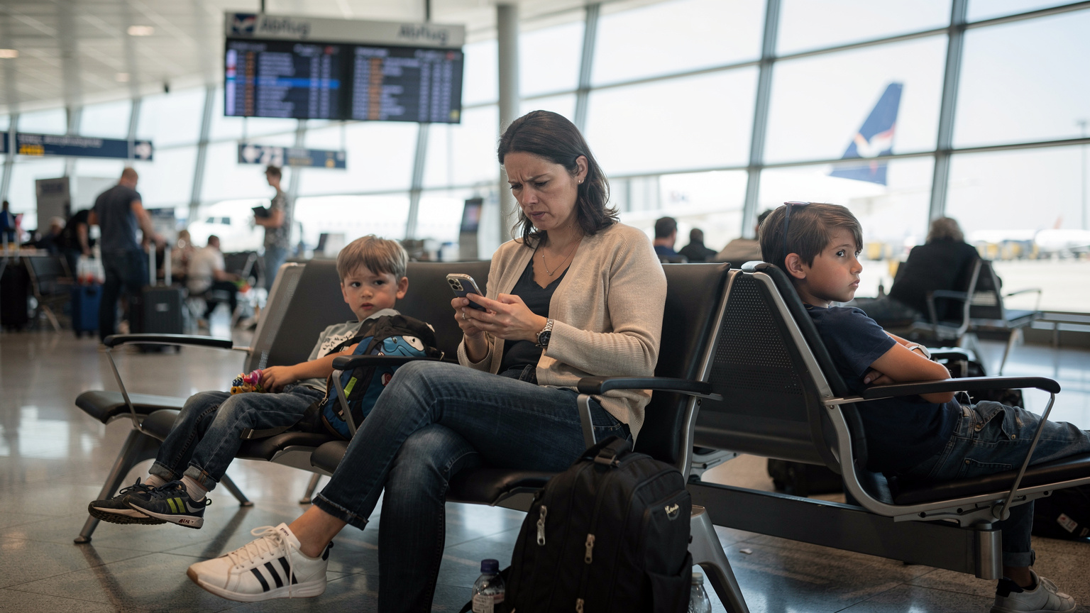 Eine gestresste Mutter versucht am Frankfurter Flughafen, ein eSIM-Problem auf ihrem Smartphone zu lösen, während ihre Kinder ungeduldig warten.