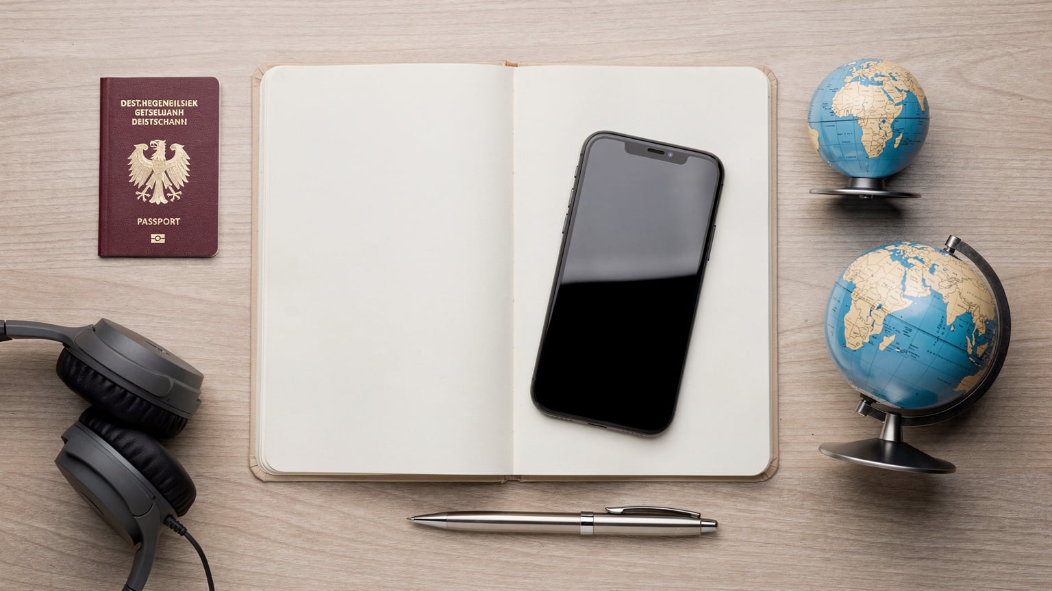 Ein Smartphone liegt auf einem Reisetagebuch, umgeben von Reisepass, Kopfhörern und einem kleinen Globus, symbolisierend die Planung und Nutzung einer eSIM für weltweite Reisen.