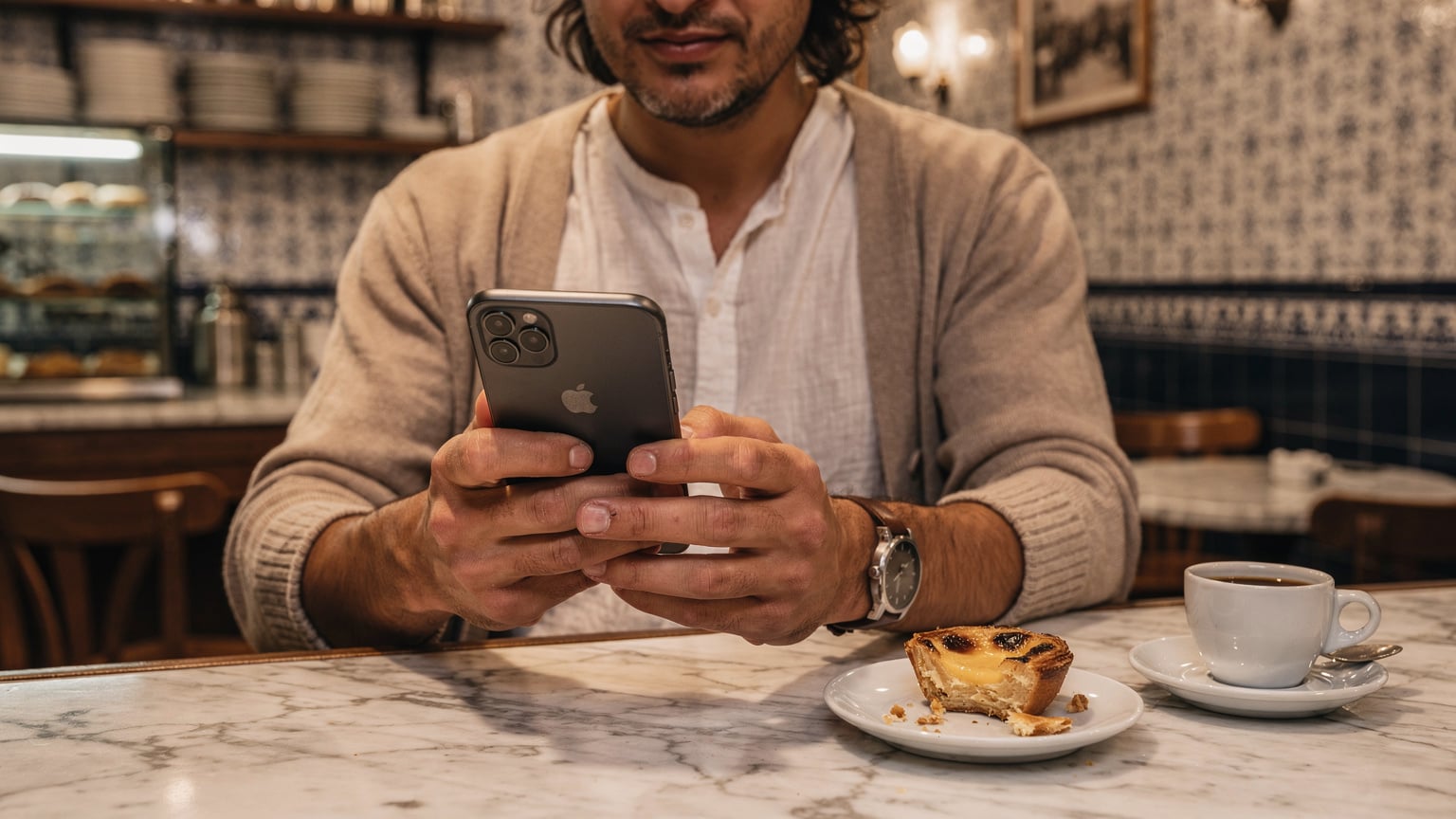 Uma pessoa em uma típica pastelaria portuguesa, com um pastel de nata e café, usando seu iPhone 18 para acessar a internet, aproveitando a conectividade local.