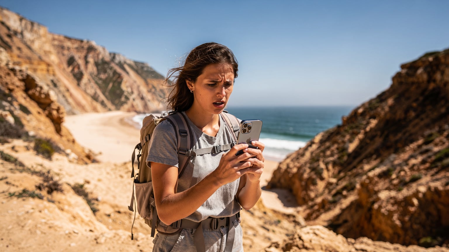Uma viajante frustrada olhando para o seu iPhone 18 em uma área remota da Costa Vicentina, com pouca ou nenhuma cobertura de rede, expressando preocupação.