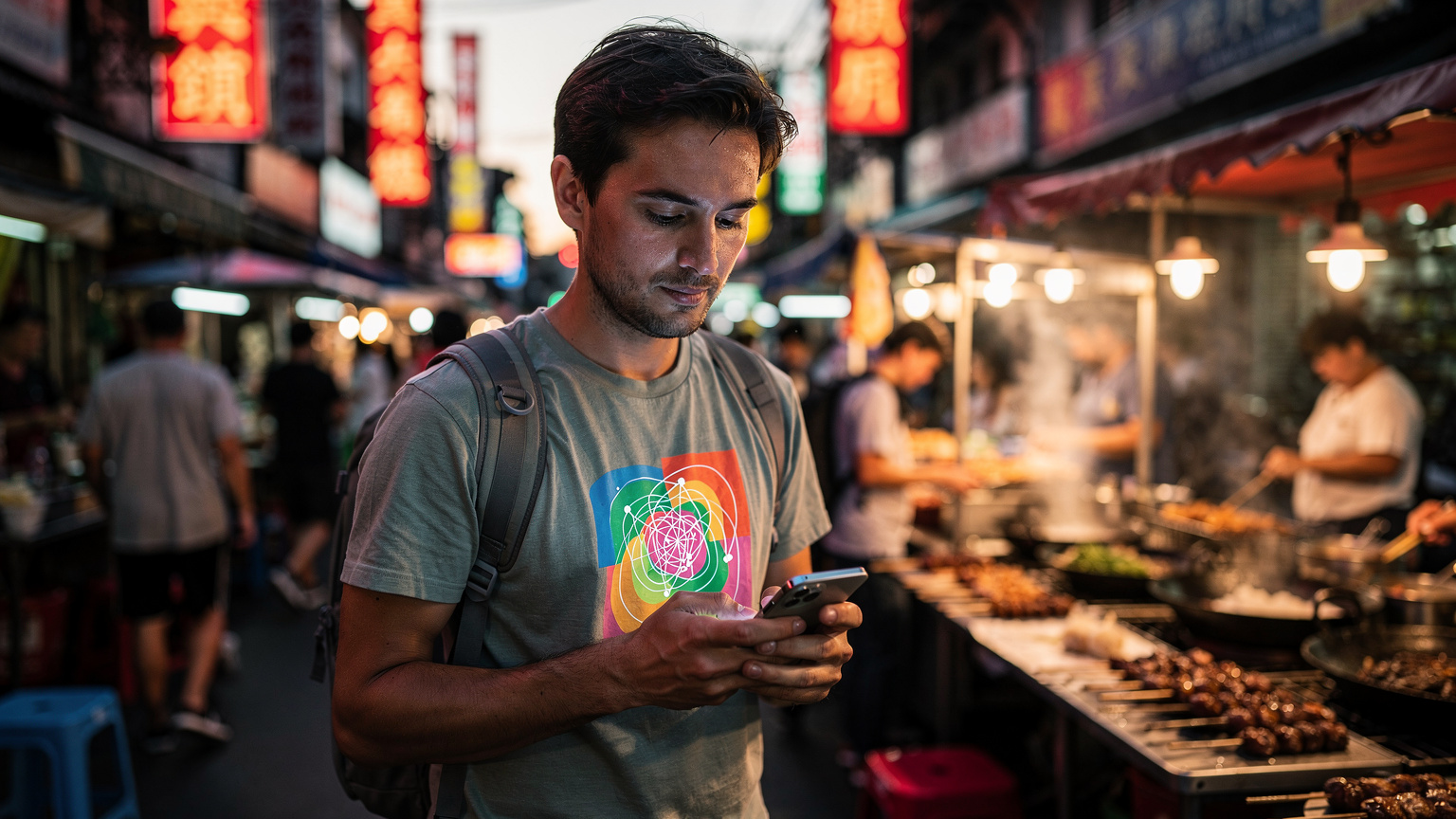 A digital nomad in a busy market street in Bangkok, Thailand, looking intently at a smartphone displaying a network coverage map with various colored regions, contemplating their next travel decision.