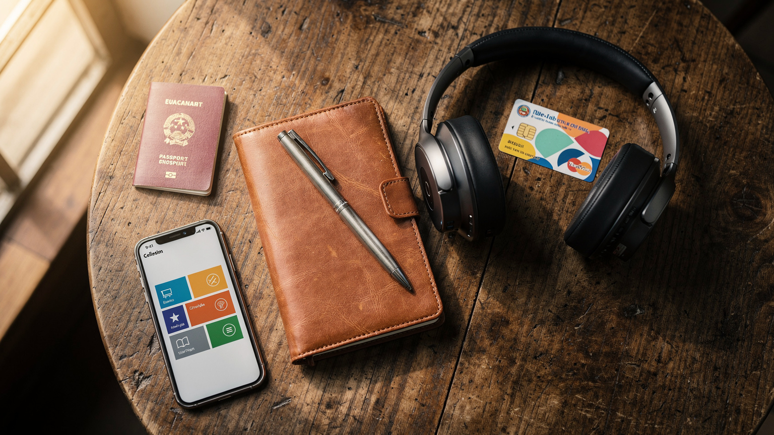 An overhead flat-lay of a digital nomad's travel essentials, including a Cellesim-enabled smartphone, passport, noise-cancelling headphones, and a local transit card, arranged on a rustic wooden cafe table in Ho Chi Minh City.