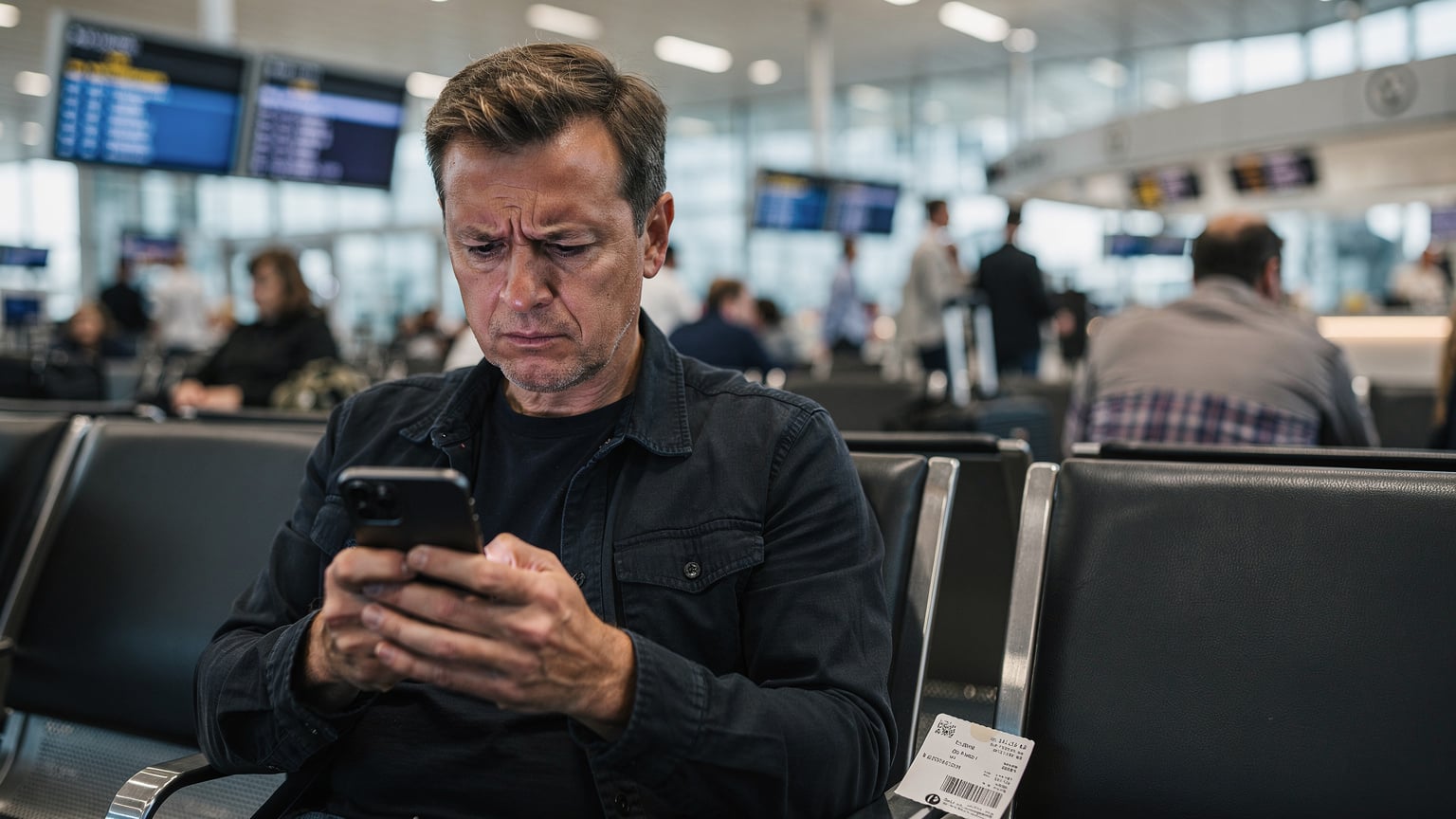 A stressed traveler at a bustling international airport gate in Frankfurt, Germany, looking at their phone with a concerned expression, trying to troubleshoot connectivity issues before a flight.