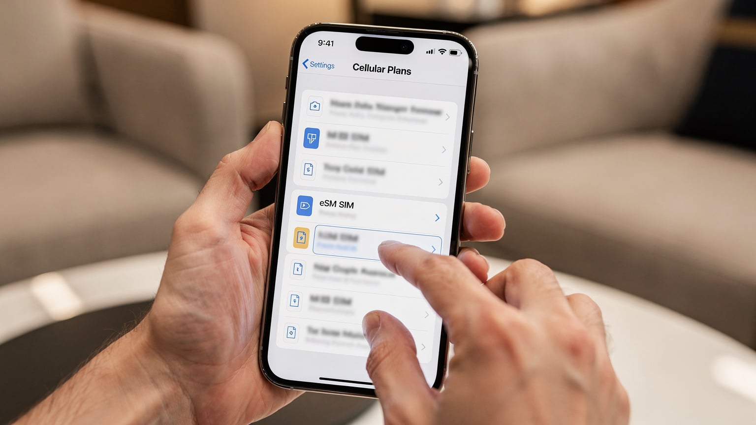 A close-up shot of a person's hands navigating the eSIM settings on an iPhone, with multiple eSIM profiles visible for different regions, taken in an airport lounge.