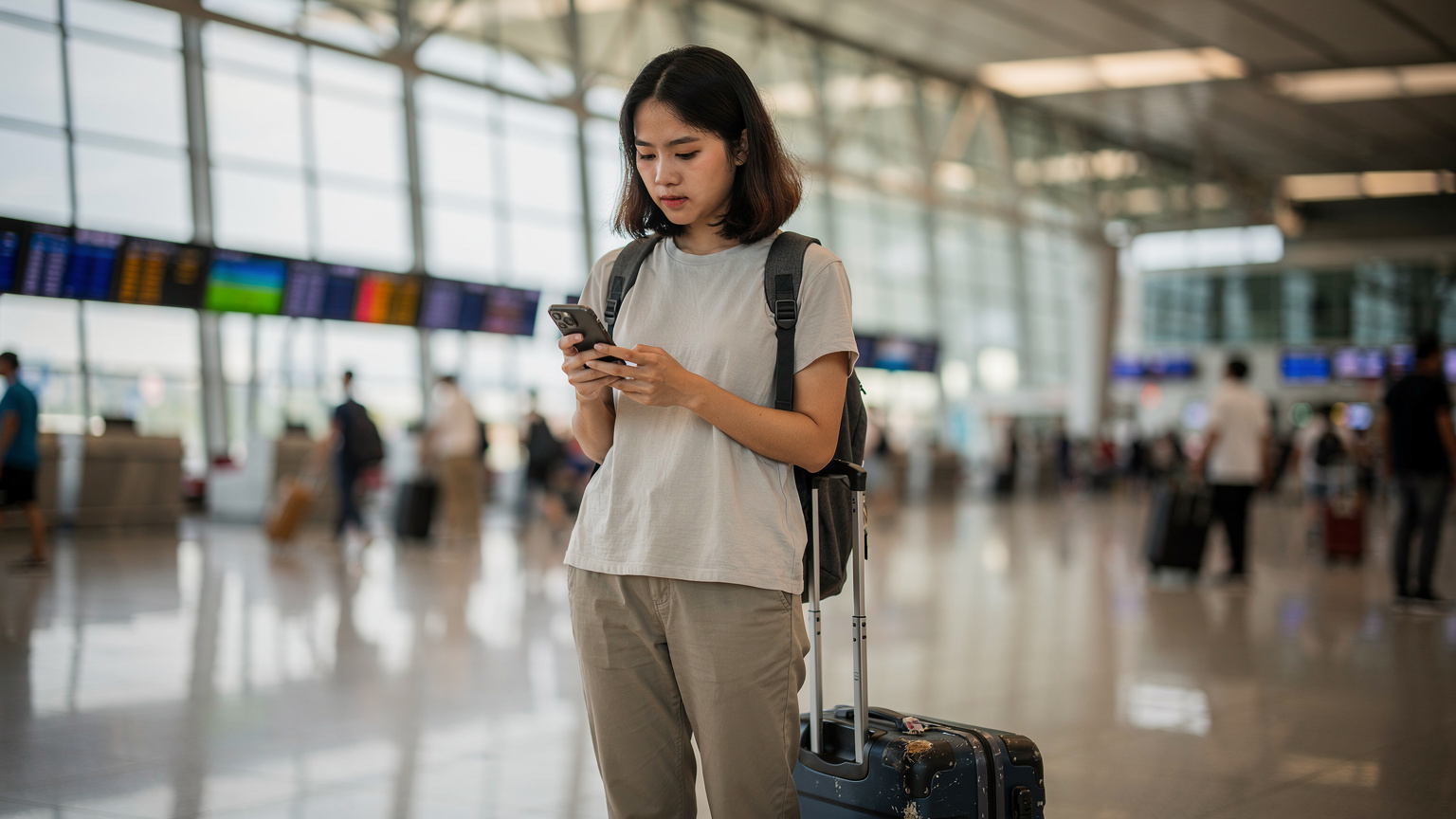 Một du khách đang kiểm tra điện thoại của mình trong sảnh chờ sân bay Tân Sơn Nhất, TP.HCM, với hành lý bên cạnh, trước chuyến bay.