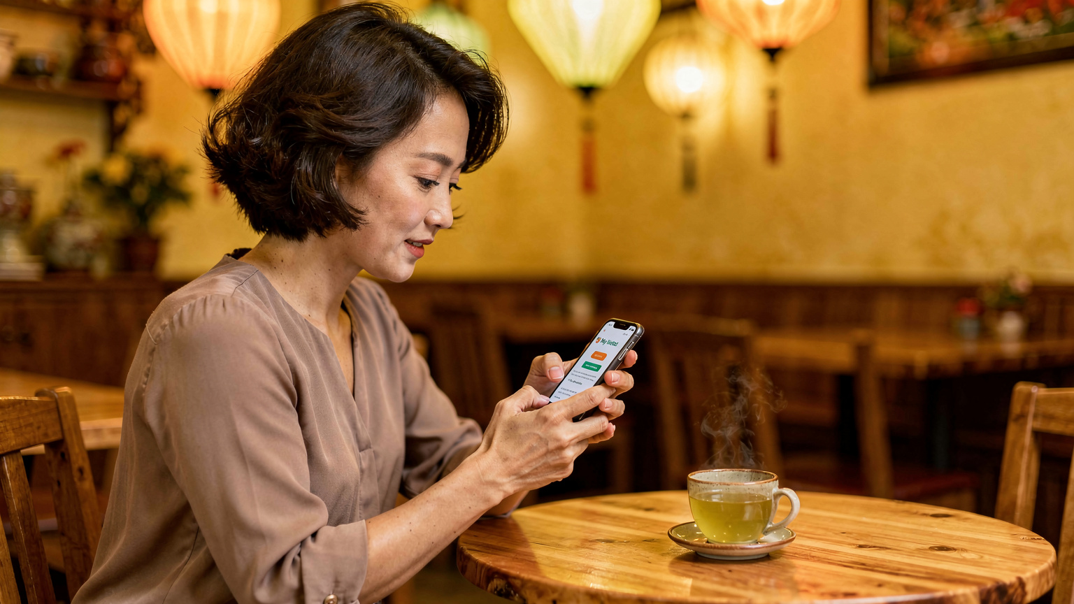 Một phụ nữ Việt Nam đang sử dụng ứng dụng My Viettel trên điện thoại của mình để kiểm tra gói cước, ngồi trong một quán cà phê địa phương ở Hà Nội.