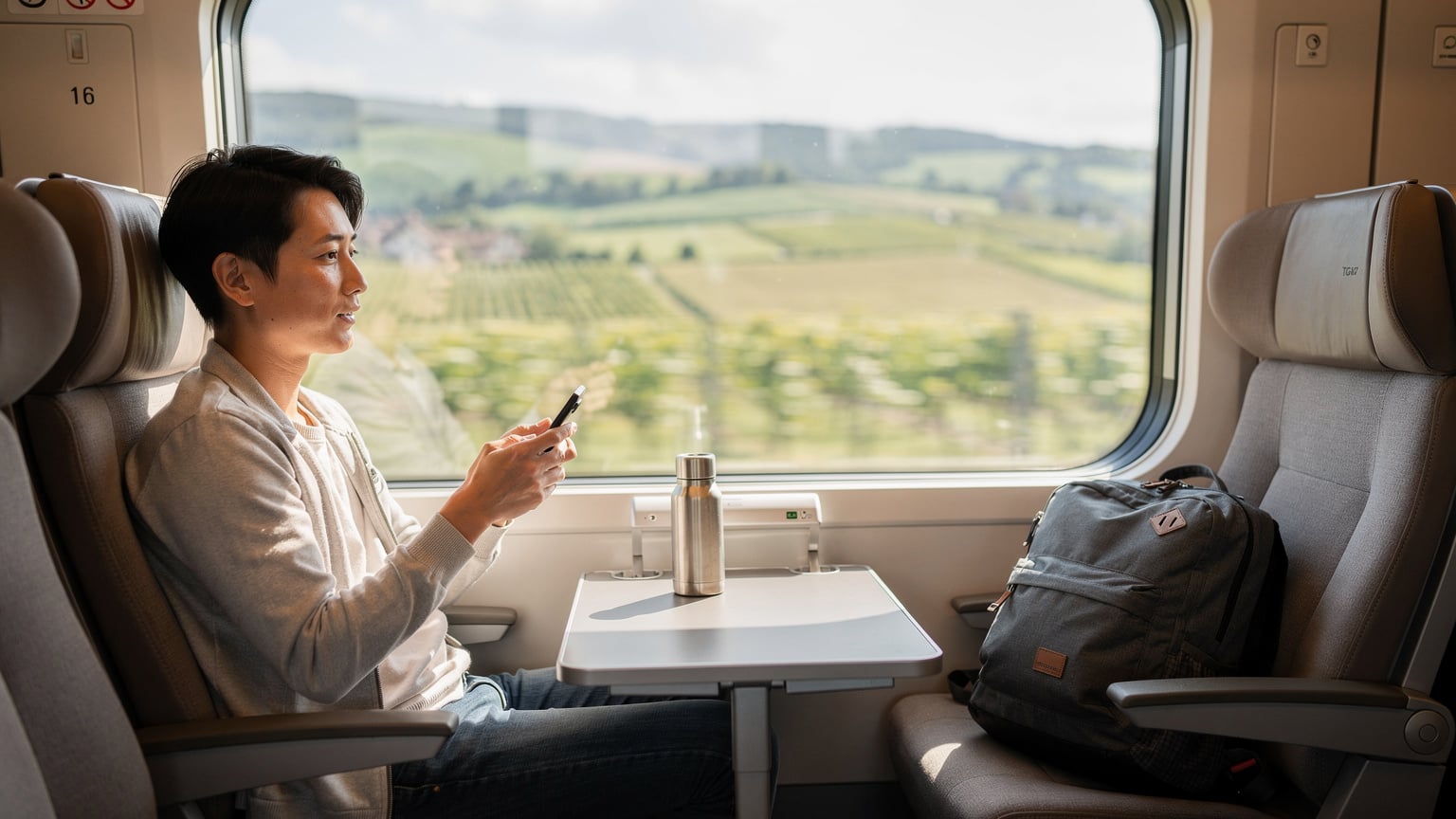 ヨーロッパの列車内で、窓の外の景色を眺めながらスマートフォンでルートを確認している旅行者。eSIMにより国境を越えても途切れない通信を実現している様子がうかがえる。テーブルには小さなバックパックと水筒。