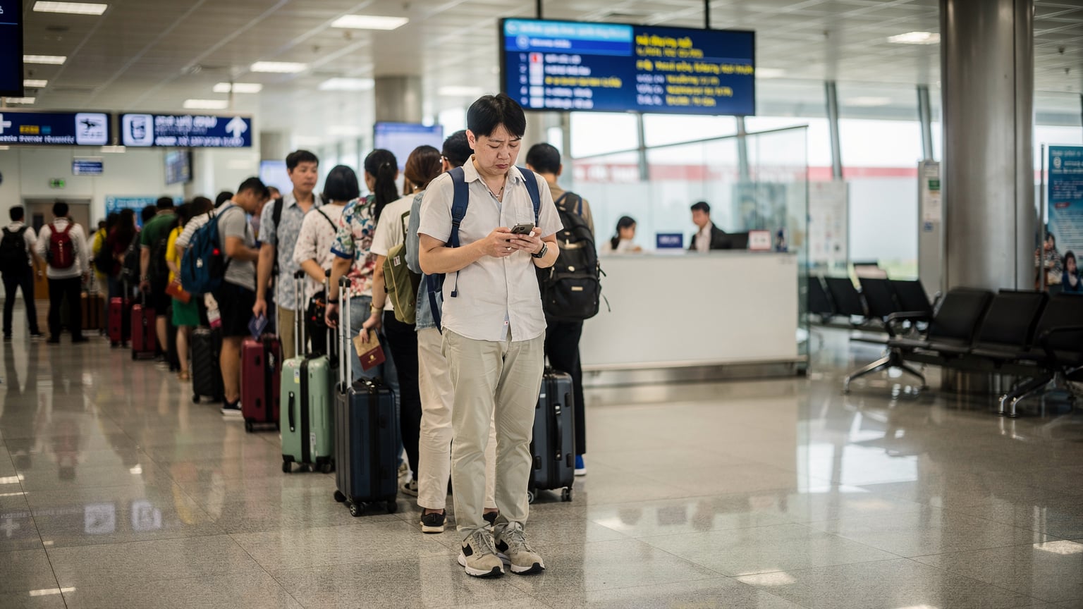 ベトナムのノイバイ国際空港の到着ロビーで、SIMカード購入の長い列に並び、疲れた表情でスマートフォンを眺める旅行者。周囲は活気に満ちているが、彼だけは少しうんざりしている。