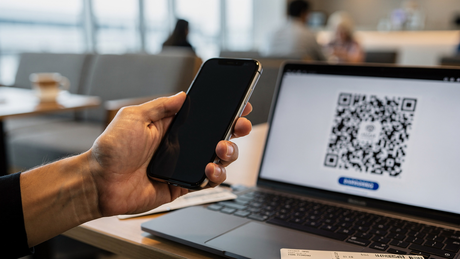 日本の空港ラウンジで、ノートPCの画面に表示されたQRコードを、自身のiPhoneでスキャンしてeSIMを設定しているビジネスパーソンの手元。周りは落ち着いた雰囲気。
