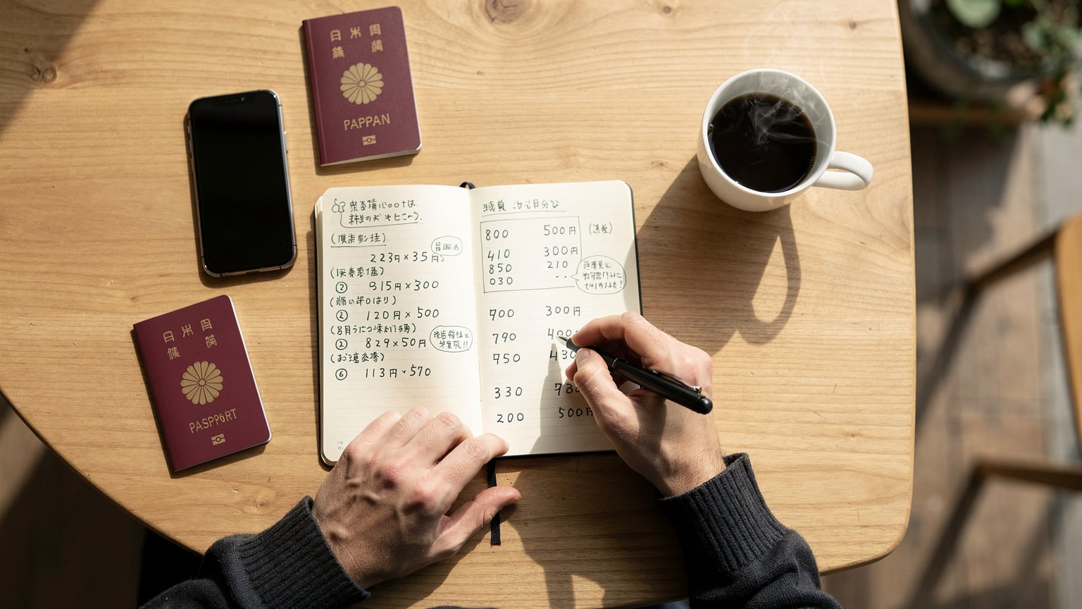 東京のカフェで、ノートに手書きでデータ消費量の計算をしている旅行者の手元。スマートフォンとパスポート、コーヒーがテーブルに置かれ、計画的な旅の準備の様子がうかがえる。