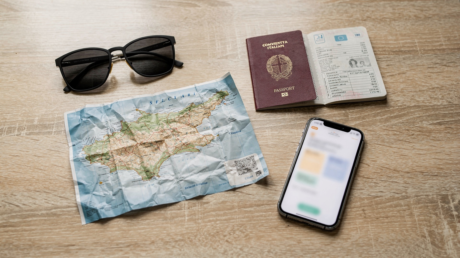 Un overhead flat-lay di una mappa sgualcita dell'isola di Creta, occhiali da sole, un passaporto italiano aperto e uno smartphone con una schermata di attivazione eSIM visibile. La composizione è curata e suggerisce l'inizio di un viaggio ben pianificato.