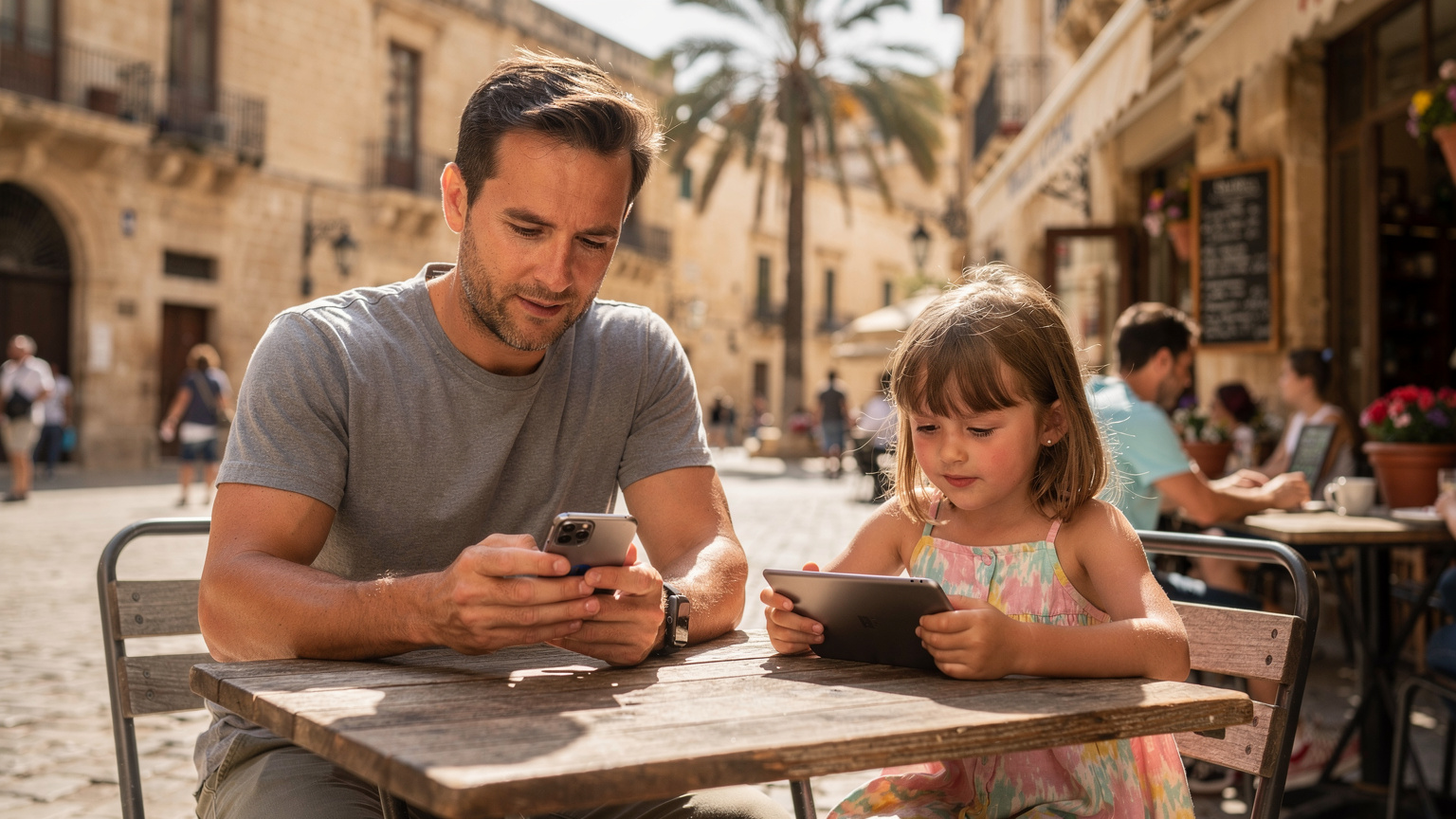 Un padre sta configurando l'eSIM sul suo smartphone, mentre sua figlia più piccola gioca su un tablet in un caffè all'aperto, con uno sfondo sfocato di una piazza affollata in una città mediterranea.