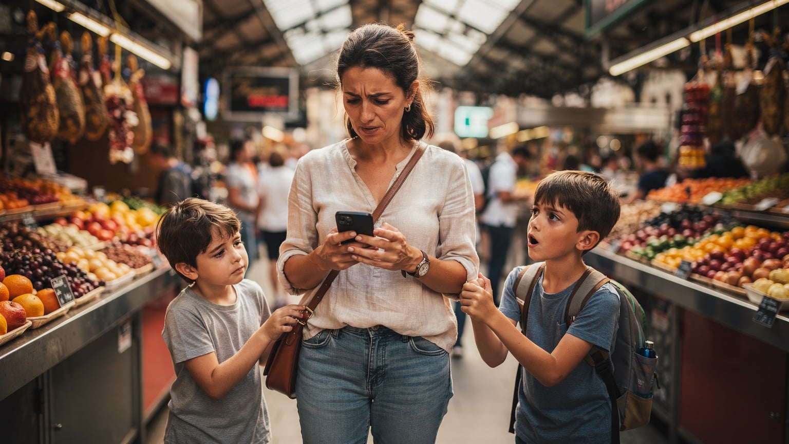 Una donna italiana con un'espressione leggermente preoccupata guarda il suo smartphone in un mercato affollato a Barcellona, mentre i suoi figli le tirano la mano. Sembra smarrita e in cerca di una direzione.