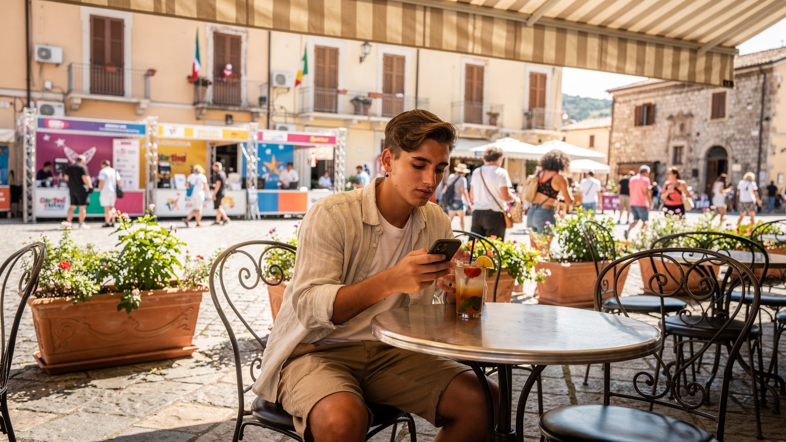 Un giovane giurato del Giffoni Film Festival si gode un momento di relax al bar del centro di Giffoni Valle Piana, sorseggiando una bibita e controllando il programma del festival sul suo smartphone, con lo sfondo delle vivaci decorazioni del festival.