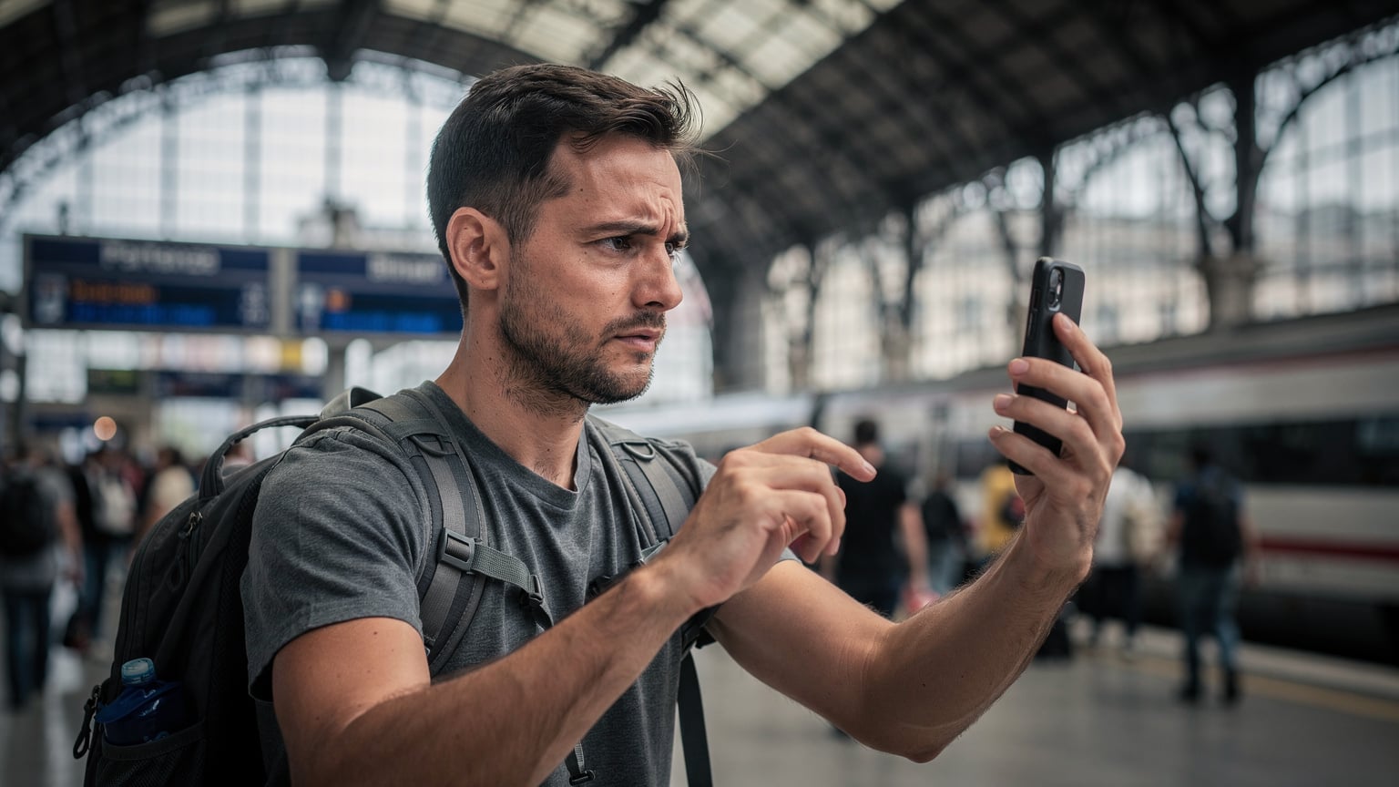 Un turista guarda con preoccupazione il suo smartphone mentre si trova in una affollata stazione ferroviaria italiana, probabilmente alle prese con problemi di connessione o roaming.