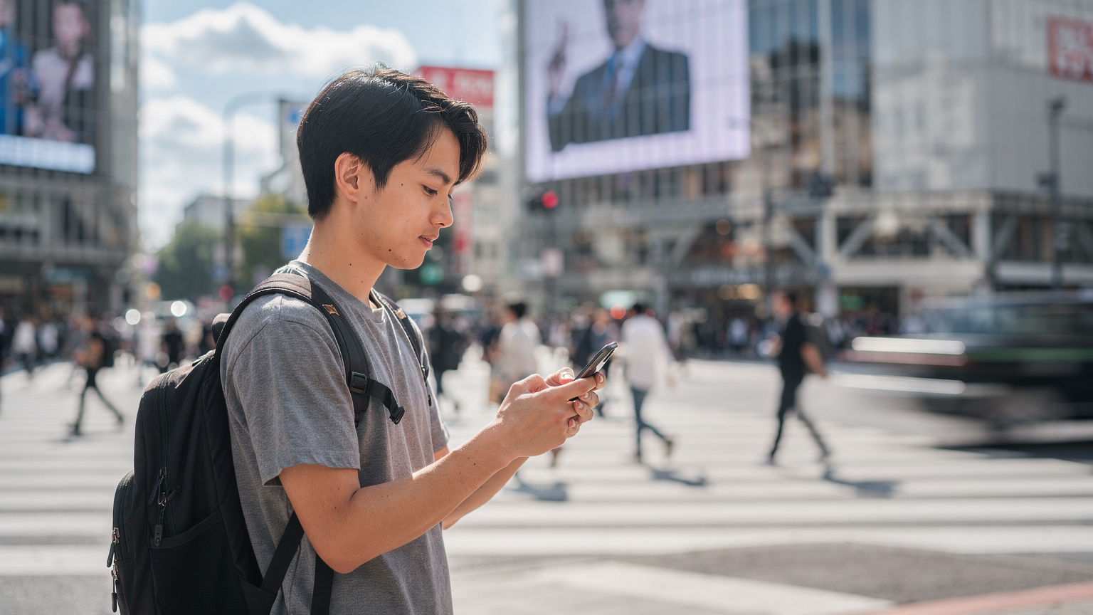 渋谷のスクランブル交差点でスマートフォンのネットワーク設定を真剣に確認する旅行者。
