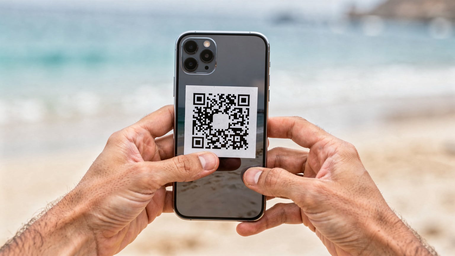 Detailní záběr rukou držících chytrý telefon a skenujících QR kód pro aktivaci eSIM karty, s rozostřeným pozadím pláže a moře na Kapverdách.
