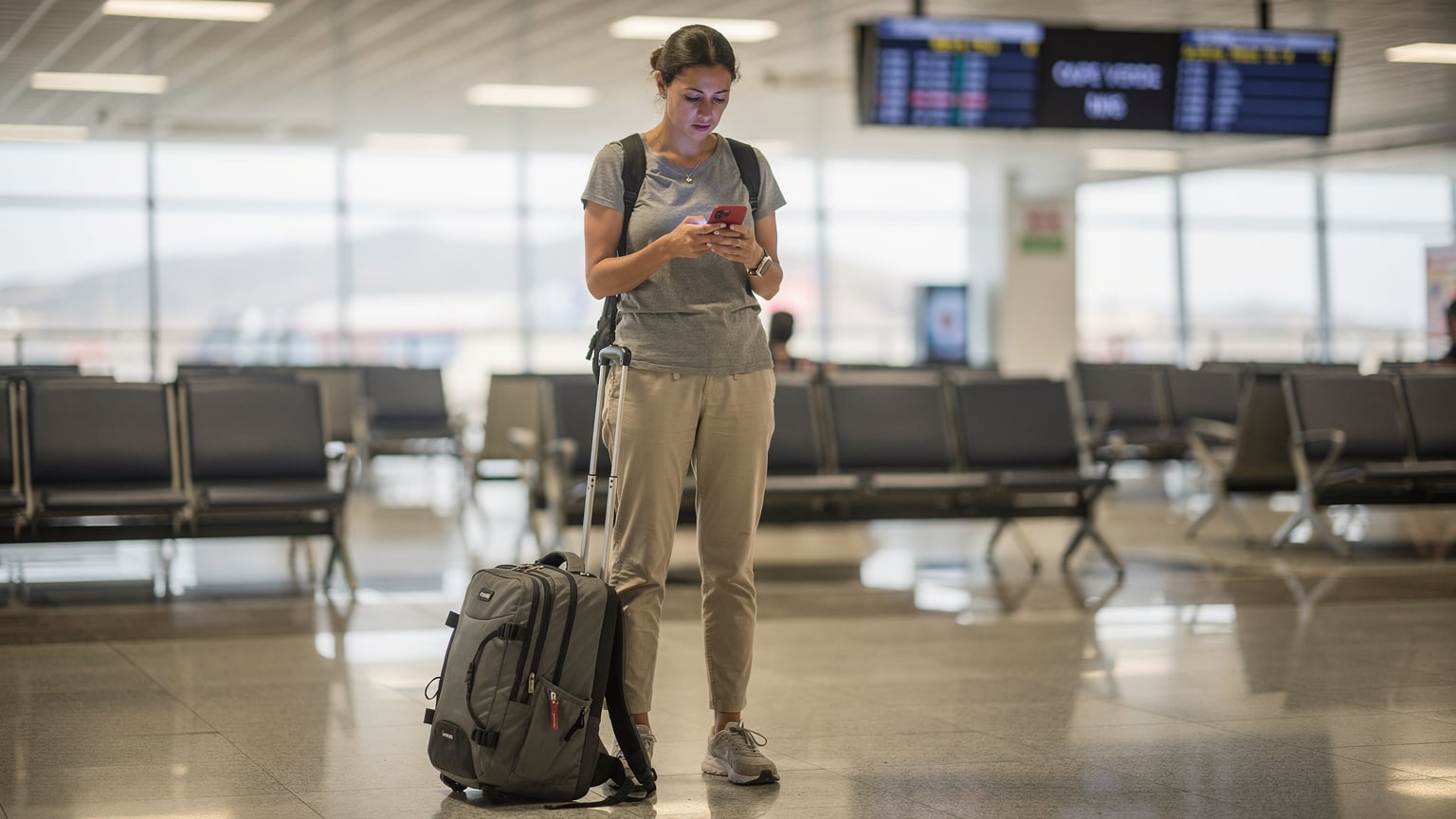 Cestovatelka se zamyšleným výrazem drží telefon na letišti na Kapverdách, s batohem u nohou a pohledem upřeným na obrazovku, jako by řešila problém s připojením nebo hledala informace.