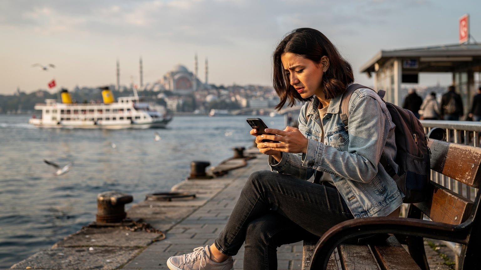 Bir dijital nomad, elinde akıllı telefonuyla, İstanbul'daki bir vapur iskelesinde denize karşı oturmuş, eSIM aktivasyonunu beklerken huzursuz bir şekilde ekranına bakıyor. Arka planda martılar ve tarihi yarımadanın silüeti.