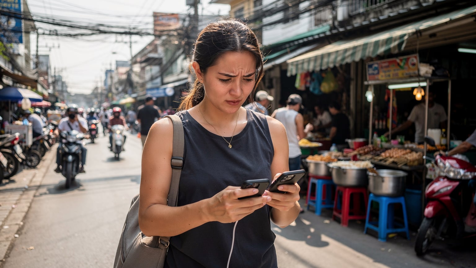 Bir dijital nomad, elinde telefonu ve dizüstü bilgisayarı ile Bangkok'un hareketli sokaklarından birinde, kafelerin önünden geçerken internet bağlantısı sorununu düşünceli bir şekilde çözmeye çalışıyor.