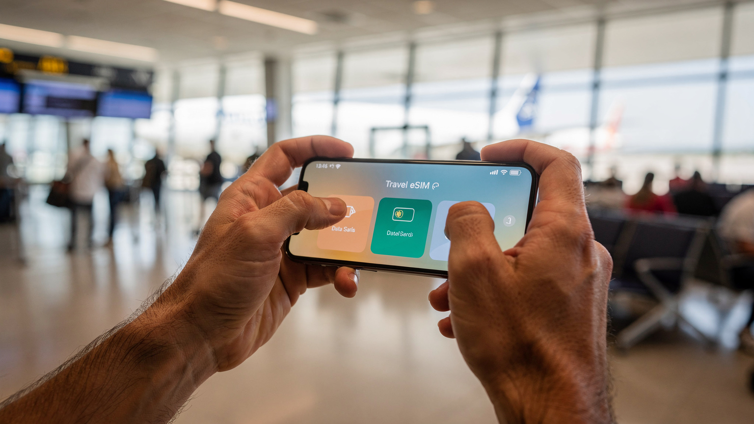 Bir dijital nomad, elinde akıllı telefonuyla Cellesim uygulamasını açmış, sade ve anlaşılır arayüzü sayesinde hızla bir veri paketi seçiyor. Arka planda hareketli bir havalimanı terminali bulanık bir şekilde görülüyor.