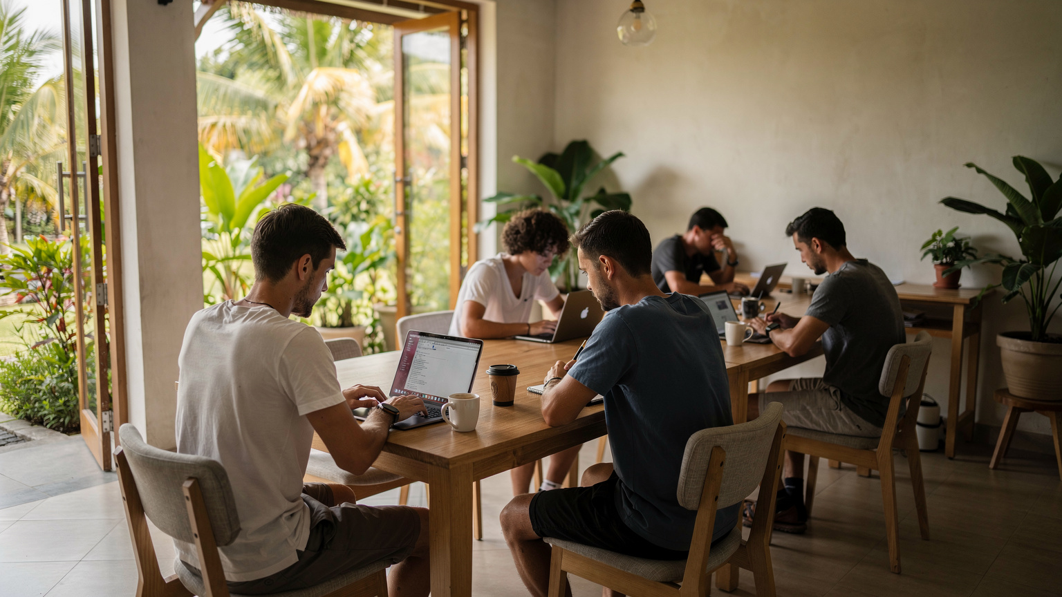 Seorang digital nomad sedang bekerja dengan laptop di salah satu meja komunal di Dojo Bali Coworking Space di Canggu, Bali. Pencahayaan alami yang lembut masuk dari jendela besar. Lensa 24mm, wide shot yang menangkap suasana produktif dan beberapa orang lain yang juga bekerja. Gaya fotografi dokumenter editorial, fokus pada lingkungan kerja yang nyaman dan fungsional. Photorealistic, no on-screen text or UI, no readable logos, no superimposed graphics, faces visible but not over-stylised.