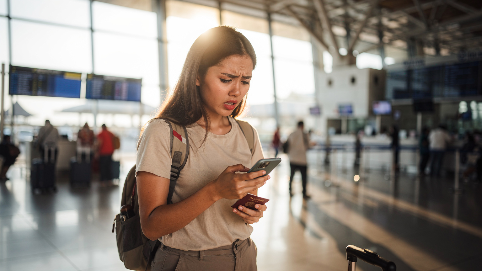 Seorang wisatawan sedang mengamati layar ponselnya dengan ekspresi sedikit khawatir di lobi bandara Ngurah Rai, Bali, di tengah keramaian. Dia memegang paspor dan tas ransel, mencari koneksi internet di ponselnya. Cahaya terang dari jendela besar bandara menerangi wajahnya. Difoto dengan lensa 35mm, fokus pada ekspresi dan interaksi dengan ponsel, dalam gaya fotografi editorial dokumenter. Photorealistic, no on-screen text or UI, no readable logos, no superimposed graphics, faces visible but not over-stylised.
