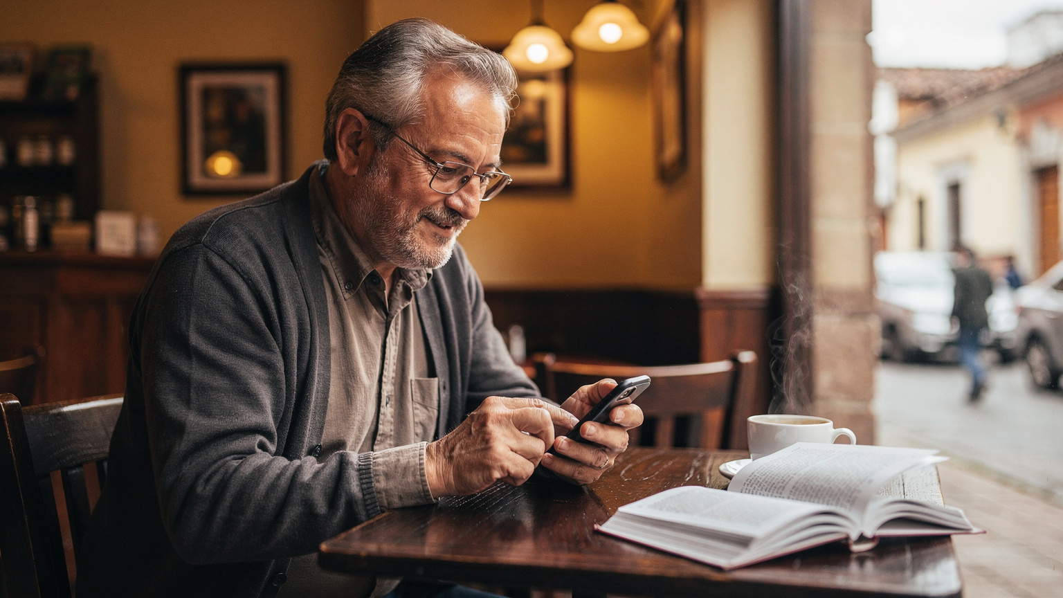 Un hombre jubilado con gafas se concentra mientras teclea en su smartphone dentro de un café acogedor en Cuenca, con una taza de café humeante y un libro cerca, representando la facilidad de gestión de la eSIM.