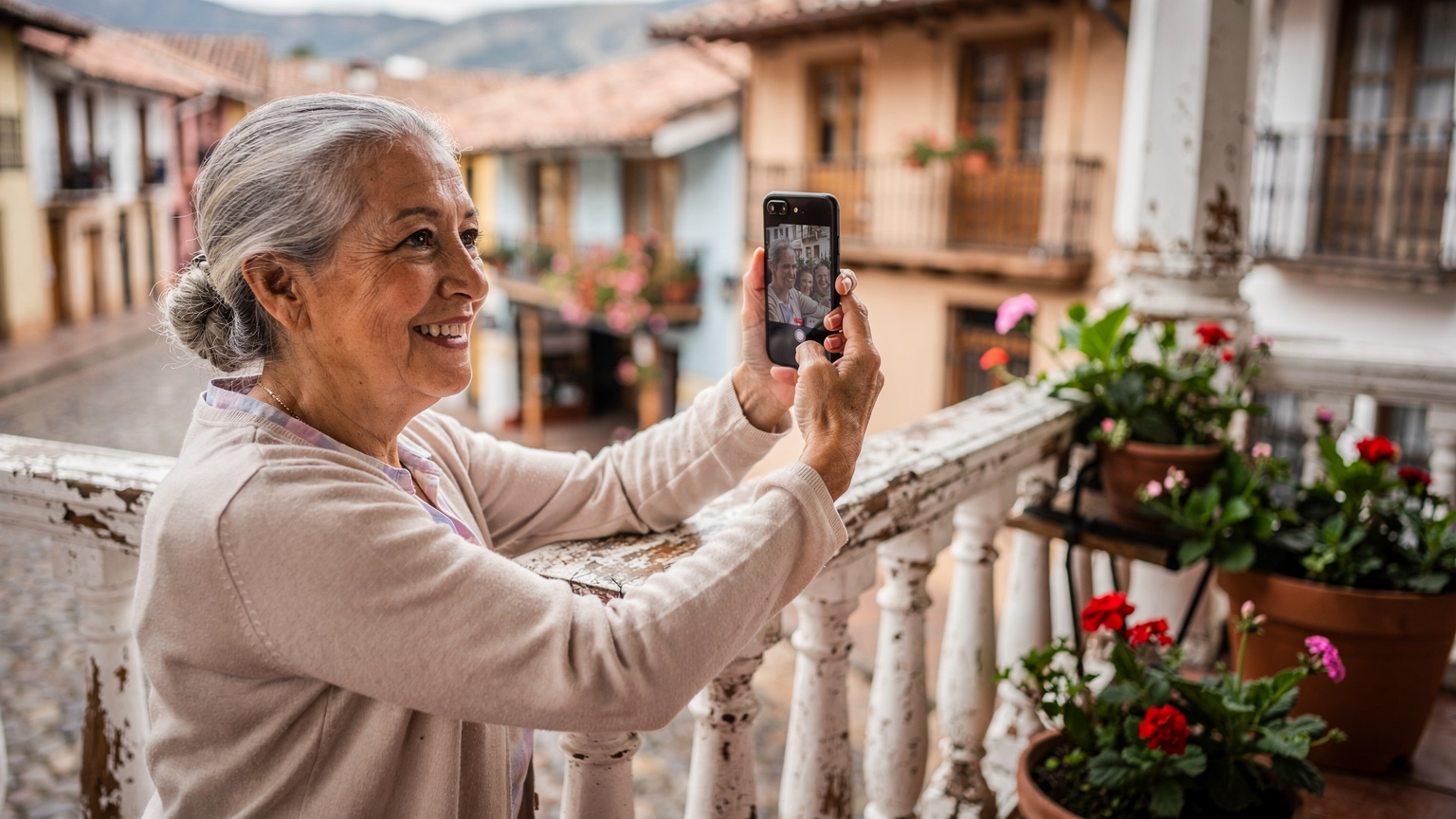 Una mujer mayor sonríe mientras realiza una videollamada a su familia desde un balcón con vistas a las calles adoquinadas de Cuenca, Ecuador, simbolizando la importancia de la conectividad.
