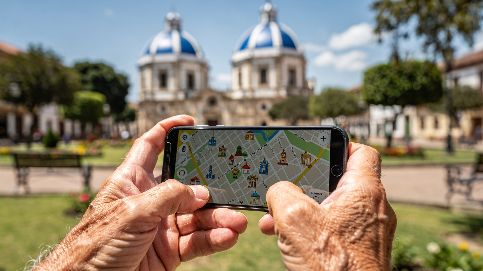 Un mapa digital de Cuenca en un smartphone, sostenido por manos de una persona mayor que navega por el centro histórico, con la catedral de fondo, enfatizando la facilidad de orientación con una eSIM.