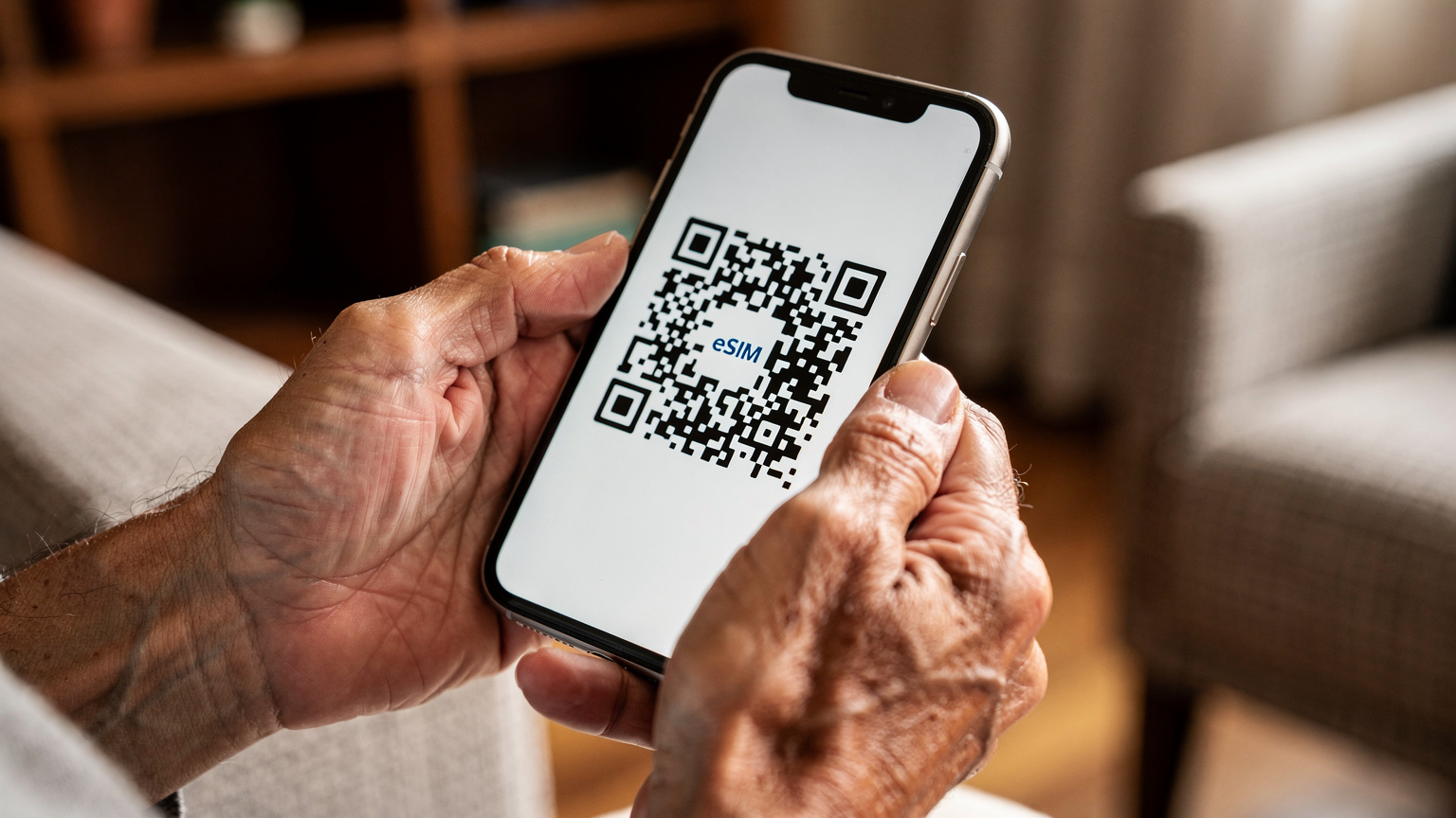 Unas manos de una persona mayor sujetan un smartphone que muestra un código QR, listo para escanear y activar una eSIM, con un fondo ligeramente desenfocado de un interior hogareño.