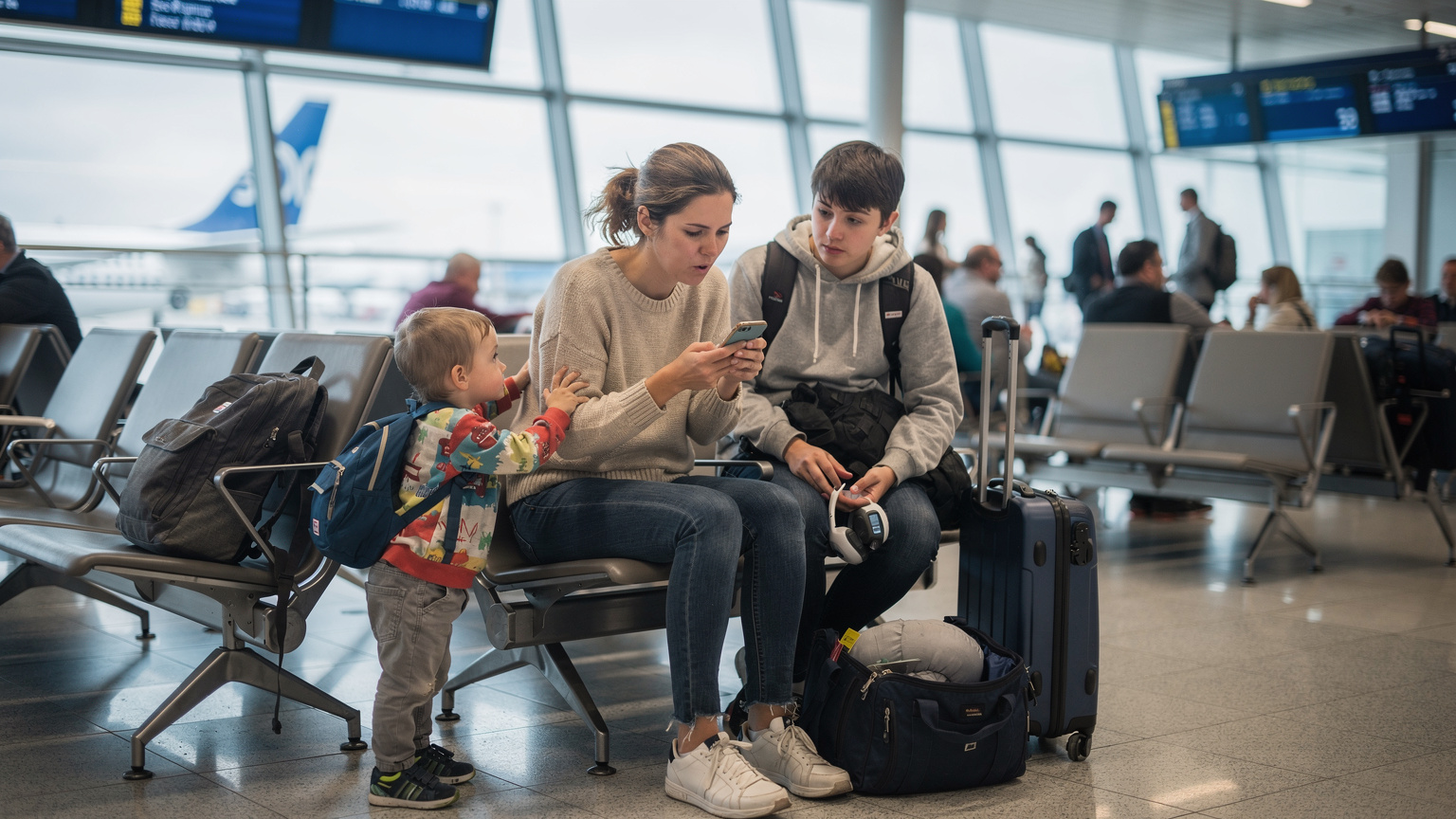 Eine junge Mutter mit ihren zwei Kindern sitzt im Wartebereich eines belebten Flughafens. Sie schaut mit leicht besorgtem Gesicht auf ihr Smartphone, das eine hohe Roaming-Rechnung anzeigt, während eines der Kinder versucht, ihre Aufmerksamkeit zu erregen.