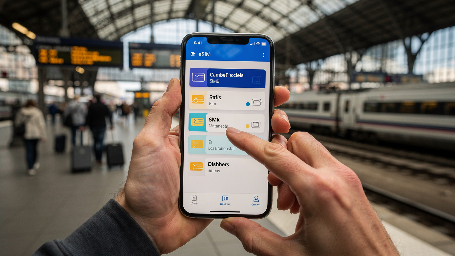 Nahaufnahme eines Smartphones, das eine eSIM-Verwaltungs-App anzeigt, mit mehreren aktiven und inaktiven Profilen. Eine Hand tippt darauf, um einen neuen Tarif auszuwählen. Im Hintergrund ist ein geschäftiger europäischer Bahnhof zu sehen.