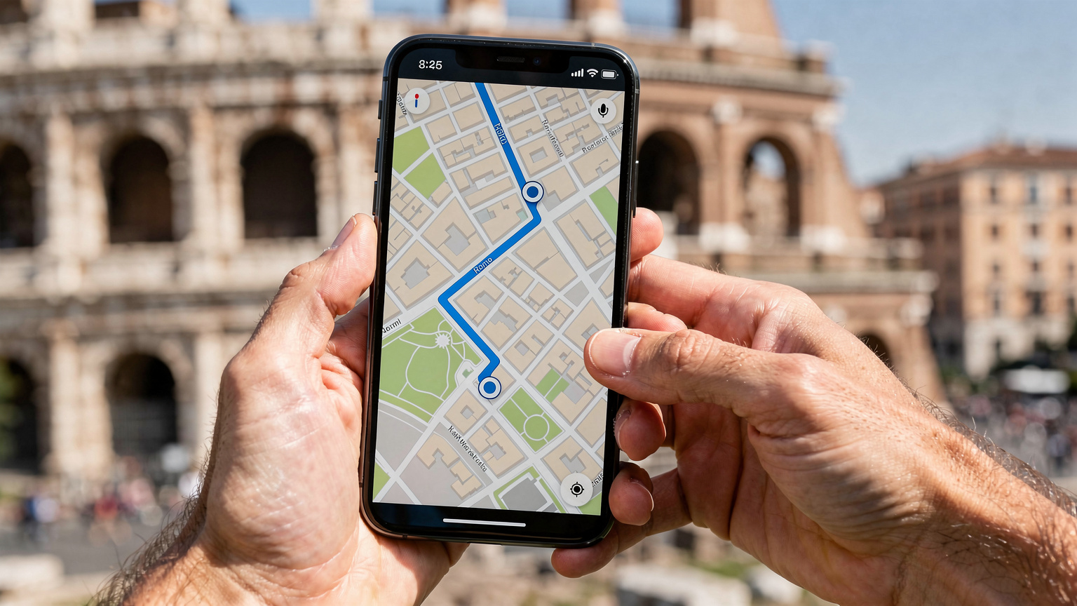 Nahaufnahme von Händen, die ein Smartphone halten, auf dem eine Karte mit einer GPS-Route in einer fremden Stadt angezeigt wird. Im Hintergrund ist ein historisches Gebäude in Rom verschwommen zu sehen.