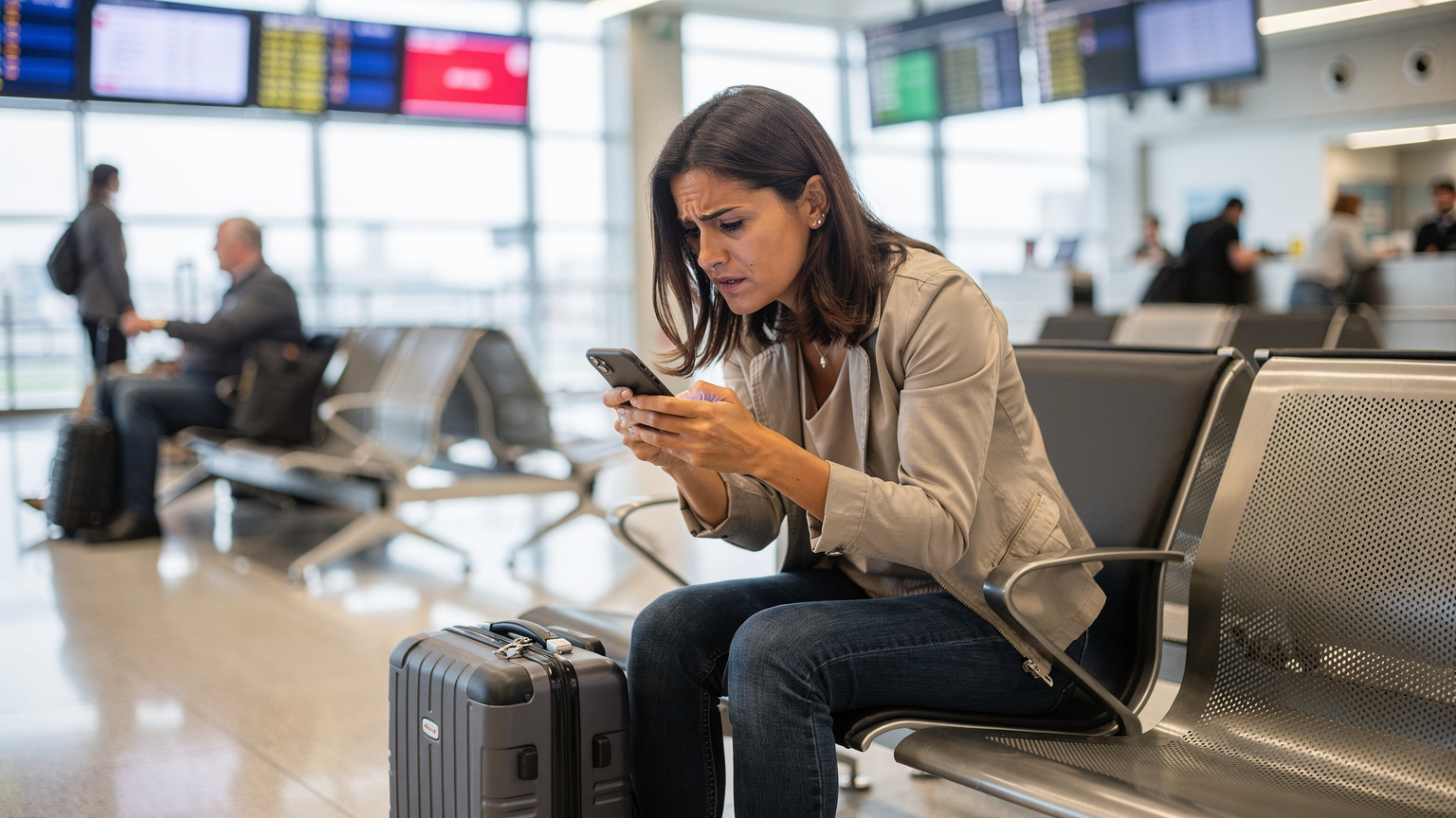 Una donna italiana con il suo iPhone mostra un messaggio di errore di connessione, mentre è seduta su una panchina in un'area di attesa dell'aeroporto internazionale di Milano Malpensa, con un'espressione di frustrazione.