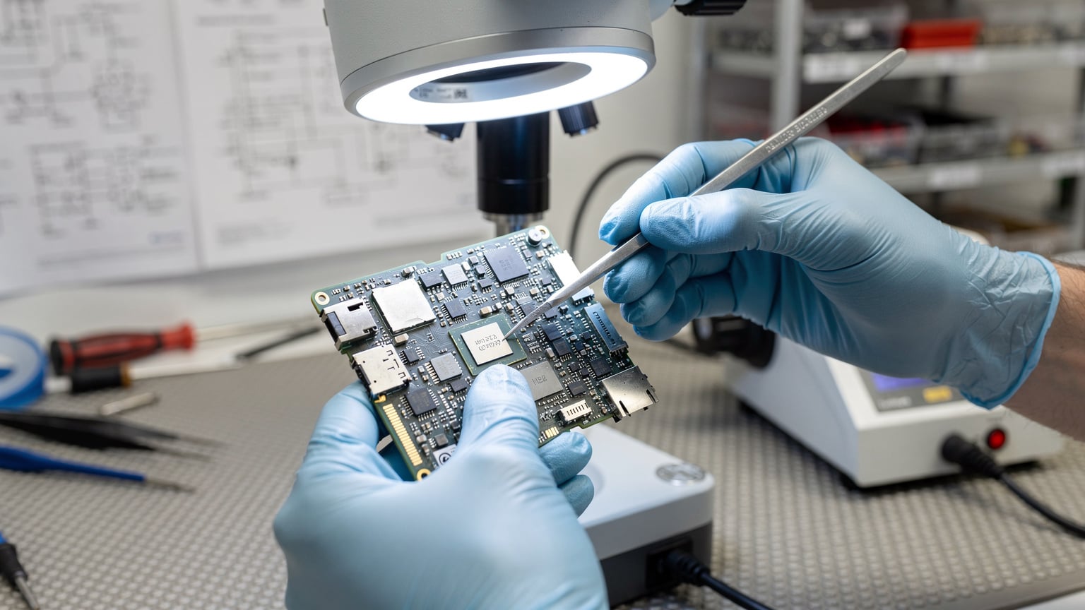 Un tecnico che esamina una scheda logica di smartphone con un microscopio, evidenziando il minuscolo chip eSIM saldato.