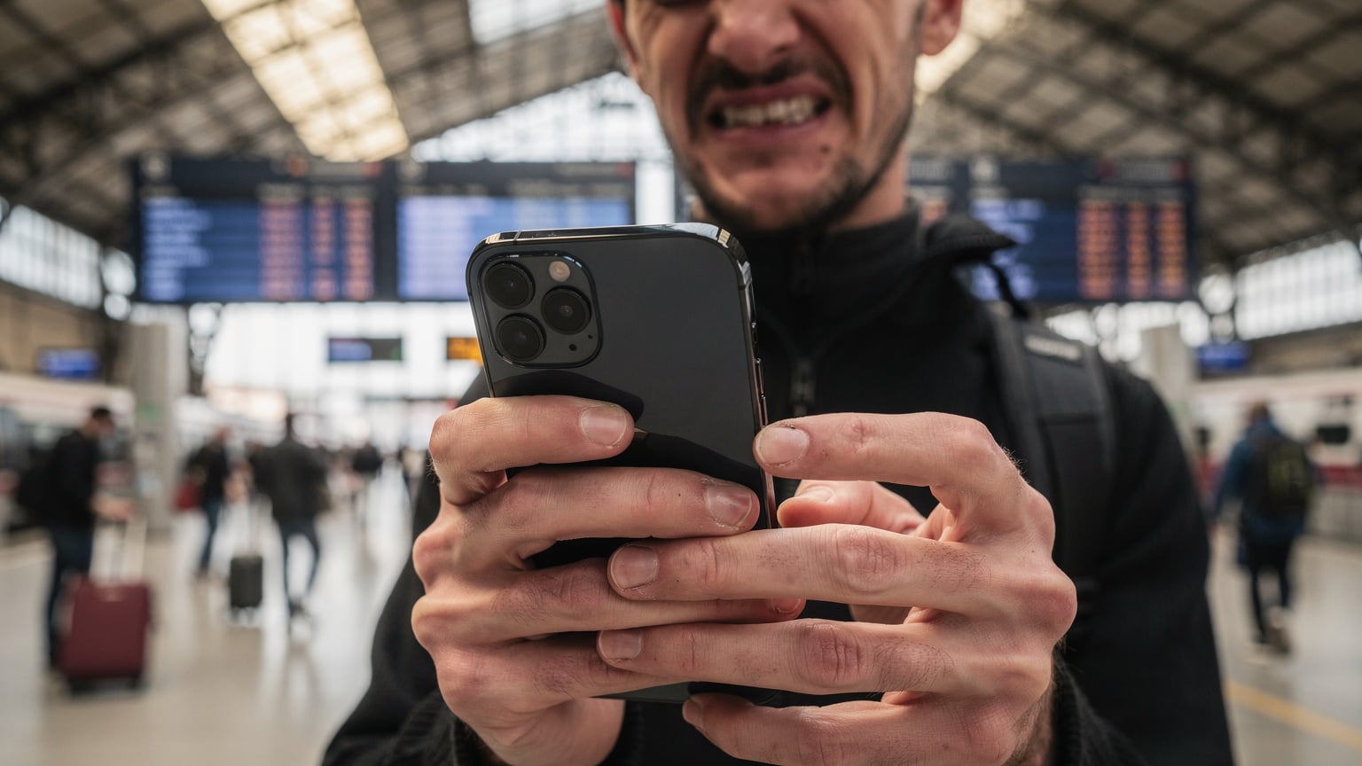 Un primo piano di mani che cercano di configurare un iPhone 15, con un'espressione leggermente frustrata, in un ambiente caotico di un hub di trasporto internazionale.