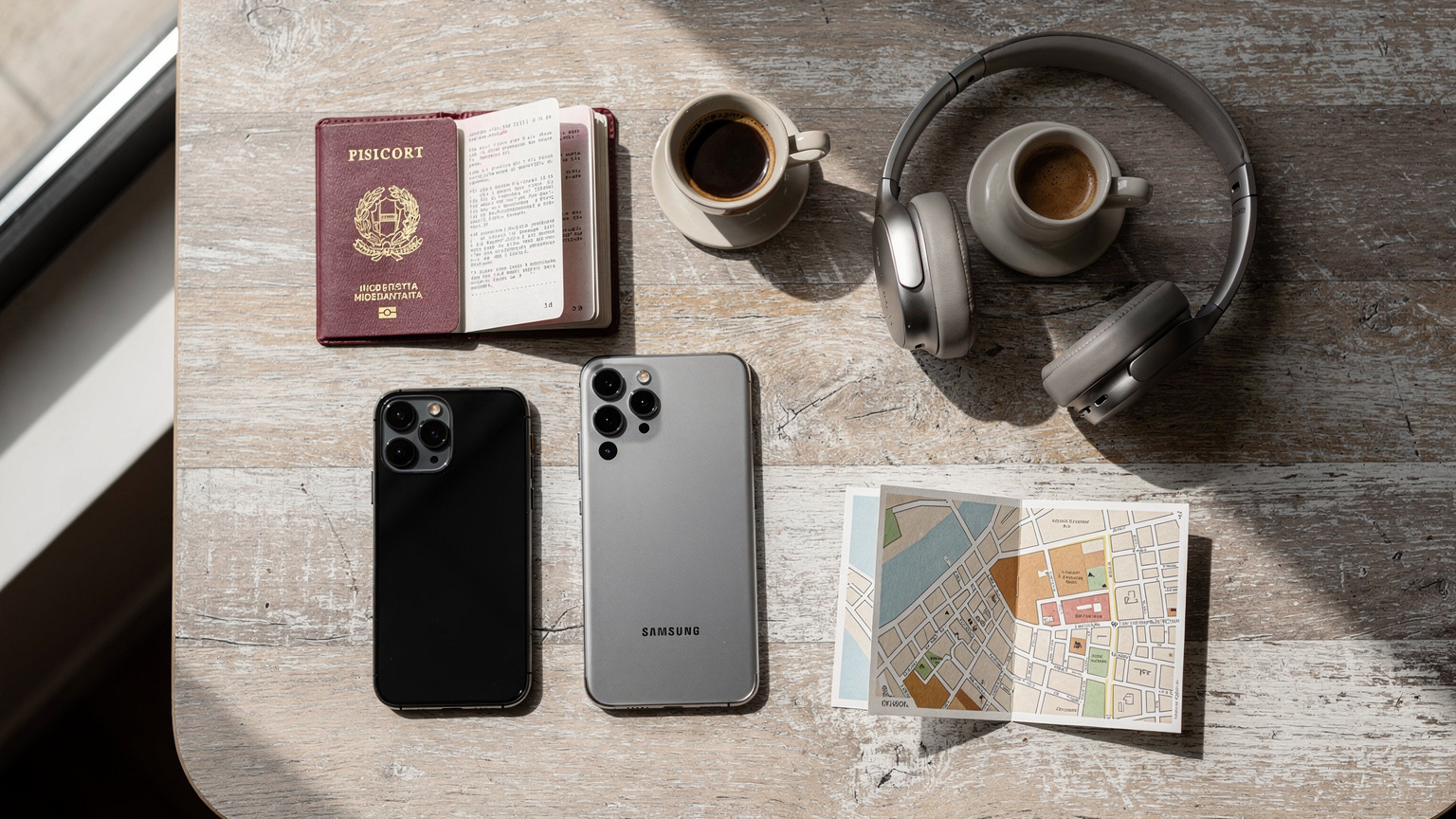 Un'elegante composizione flat-lay su un tavolo di legno chiaro con un passaporto italiano, un iPhone 15, un Samsung Galaxy S24, cuffie wireless, una tazza di caffè e una piccola mappa stilizzata.