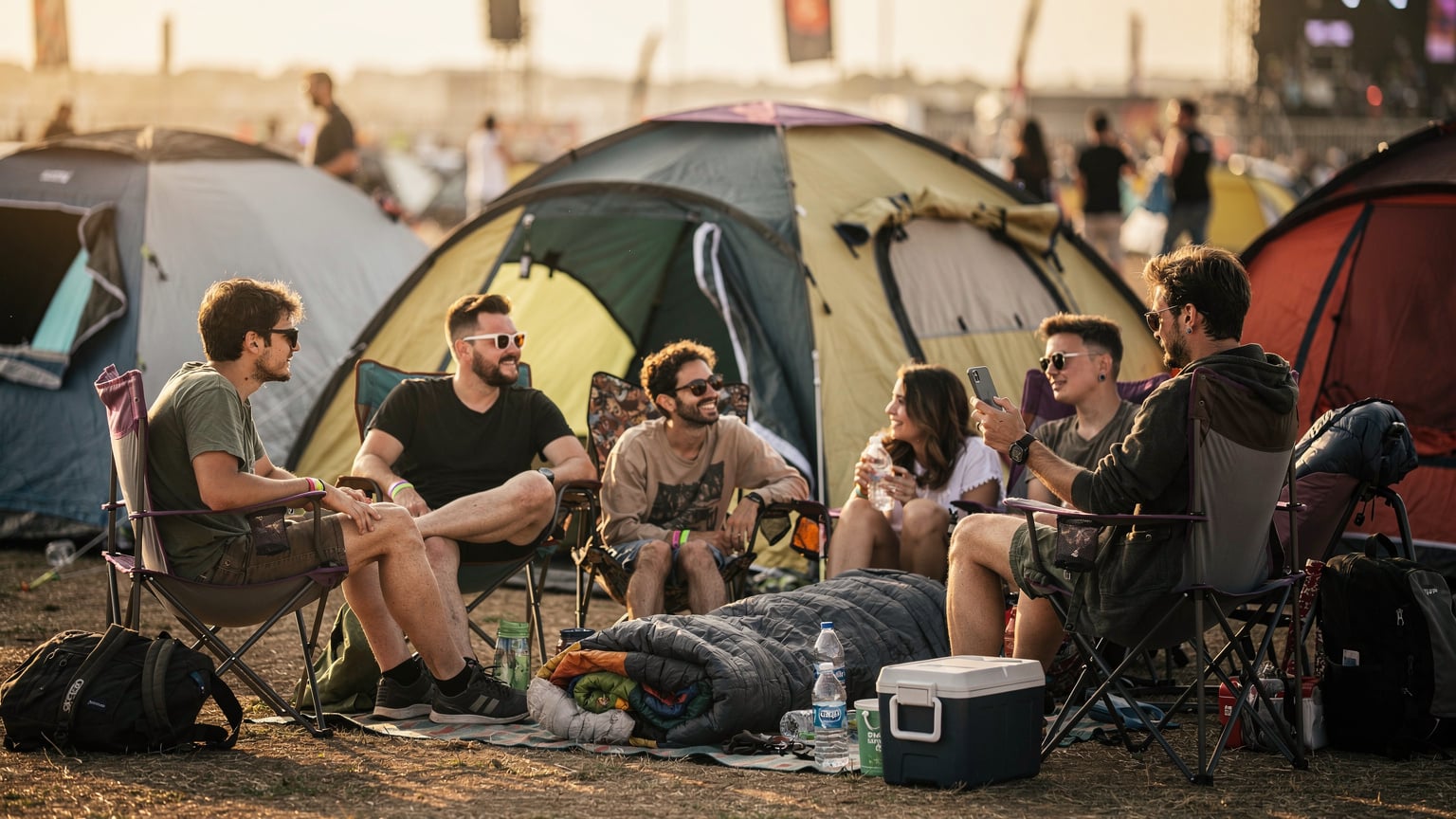 Um grupo de amigos acampando no MEO Sudoeste na Costa Vicentina, Portugal, com um deles verificando seu Samsung Galaxy S26 em uma barraca.