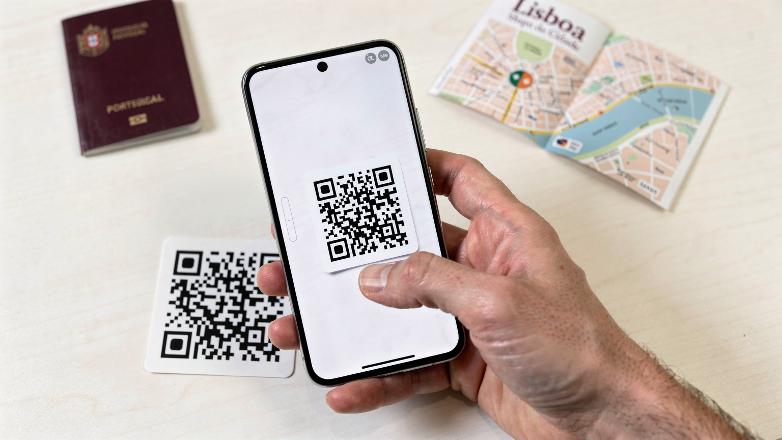 Uma mão escaneando um QR code de eSIM com um Samsung Galaxy S26, com um passaporte português e um mapa da cidade ao fundo.