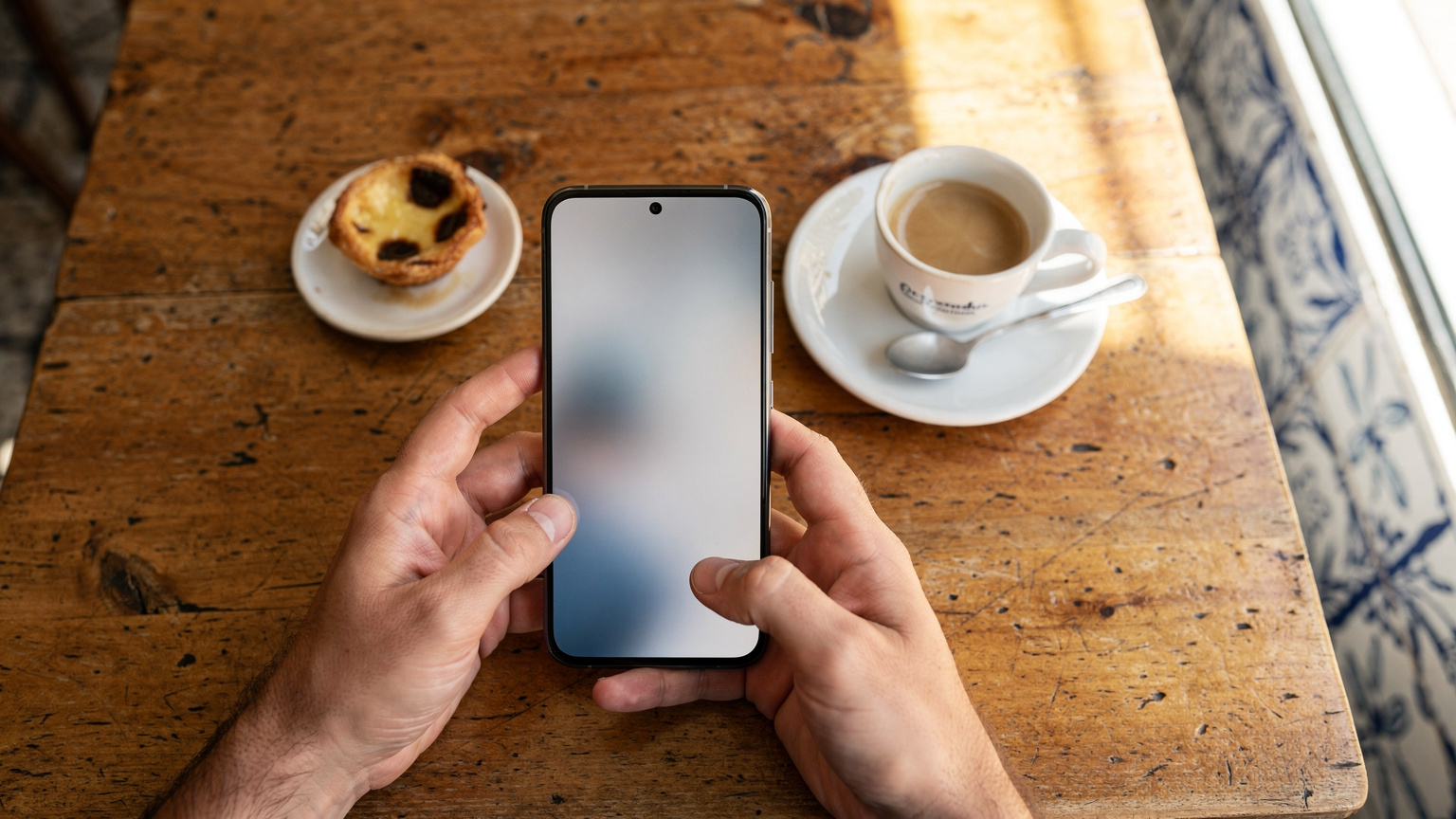 Uma pessoa usando um Samsung Galaxy S26 em um café movimentado em Cascais, Portugal, com um bolo tradicional português na mesa.