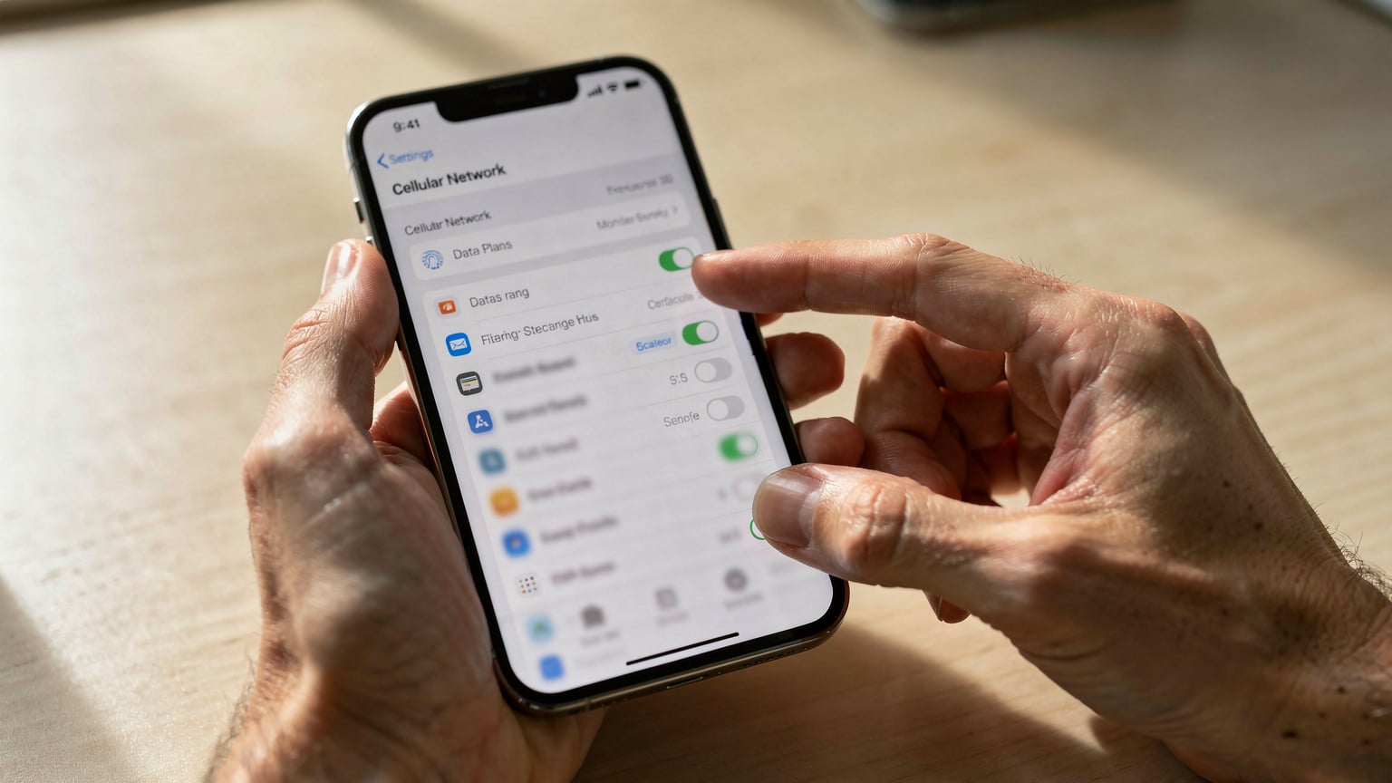 Close-up of hands holding an iPhone, with one finger tapping a screen that displays network settings, indicating a switch between data plans.
