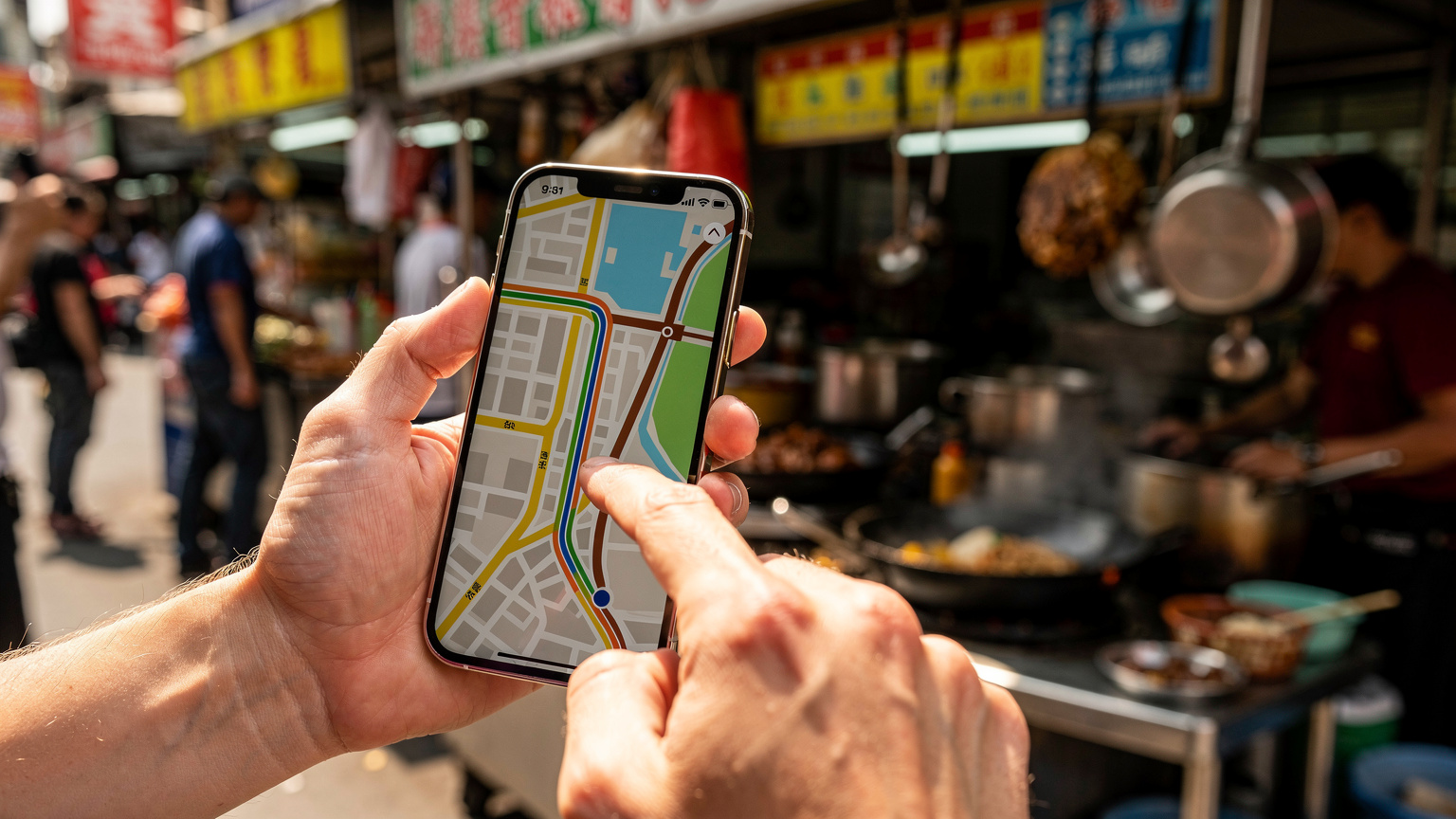 A person's hand holding an iPhone, pointing at a map on the screen while standing in front of a street food stall in Bangkok, Thailand.
