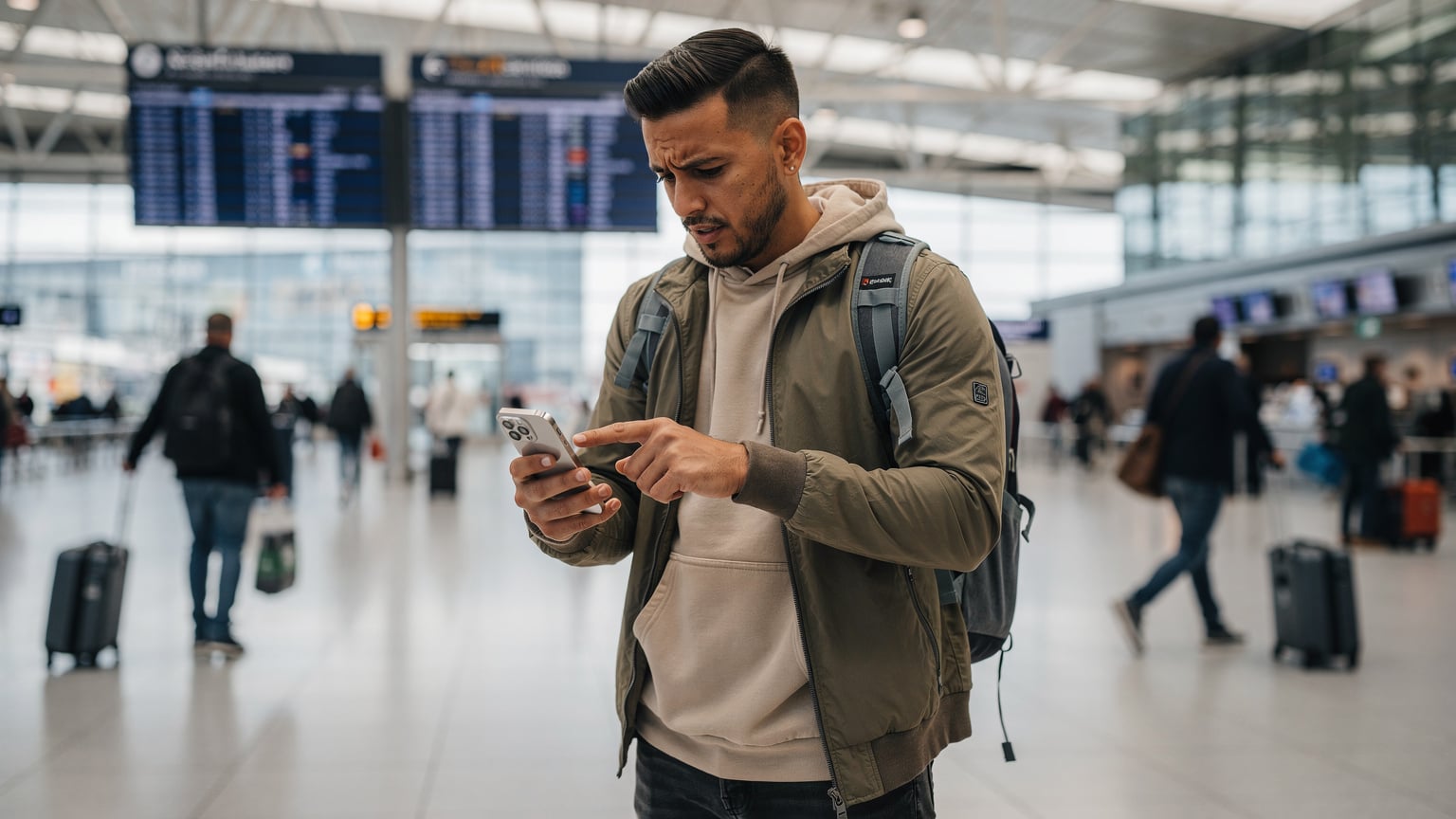 A traveler in a bustling airport terminal, looking confusedly at their iPhone, trying to figure out their connectivity options.