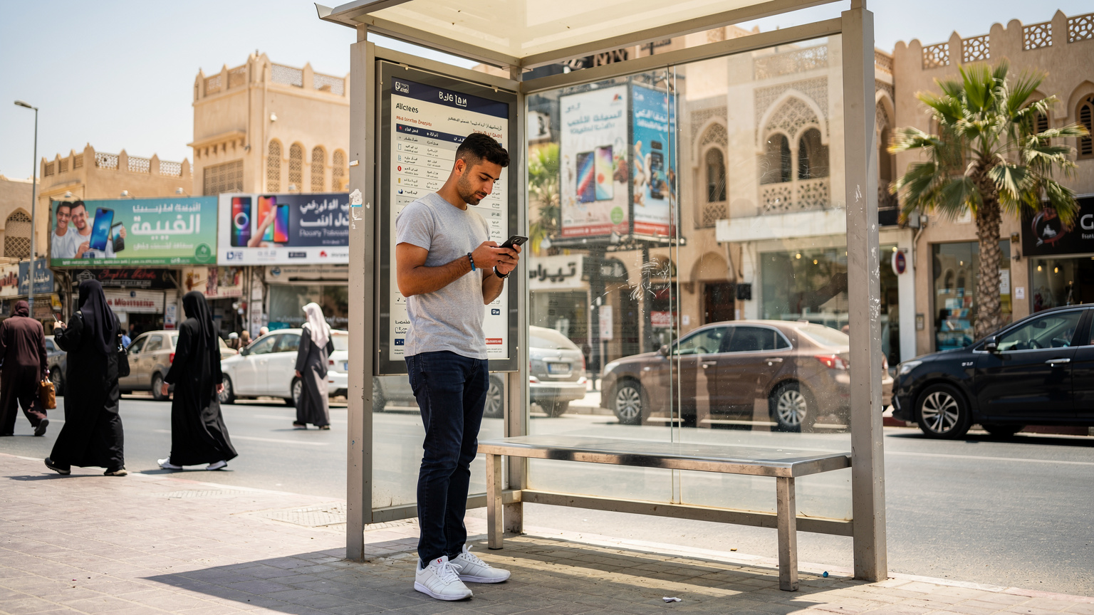 شاب يستخدم هاتفه في محطة انتظار الحافلات، مع لوحات إعلانية باللغة العربية في الخلفية، في منطقة مزدحمة في المنامة.