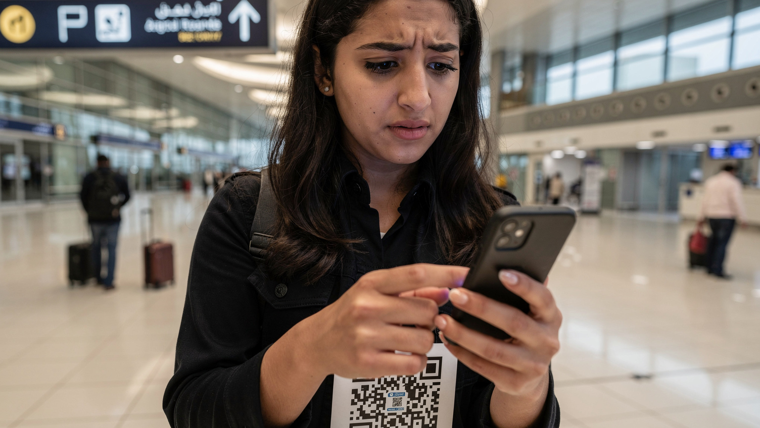 امرأة شابة تستخدم هاتفها الذكي لإجراء مسح ضوئي لرمز QR على ملصق معلومات في مطار بغداد الدولي، بينما يبدو عليها التركيز.