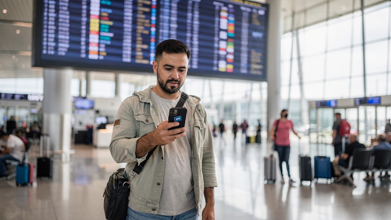 Un călător român verifică detaliile eSIM-ului pe telefon, privind la un panou digital de zbor în Aeroportul Istanbul, cu fluxul de pasageri în fundal.