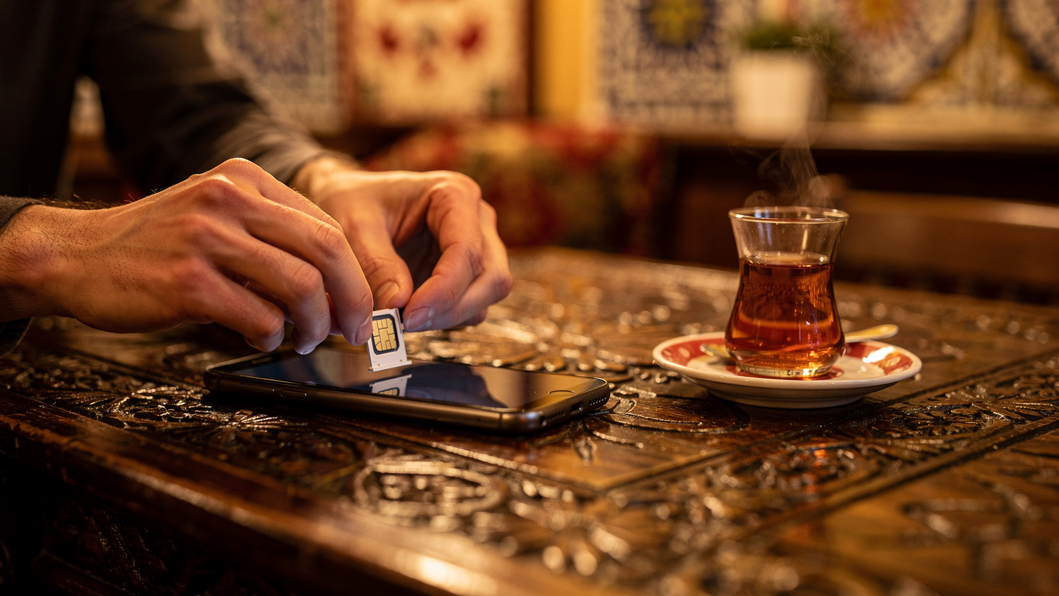 O mână de călător introduce o cartelă SIM fizică într-un telefon, în timp ce se relaxează la o masă într-o cafenea tradițională turcească, cu un pahar de ceai pe masă.