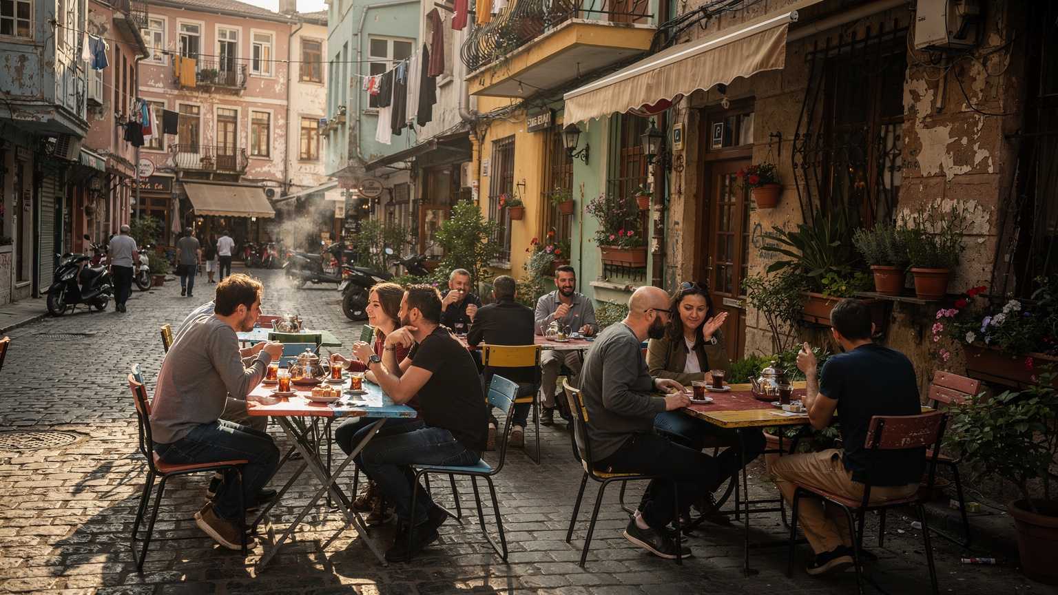 Un café tradicional turco en una calle concurrida de Estambul, con mesas llenas y la gente disfrutando del té, mostrando la vibrante vida cotidiana.