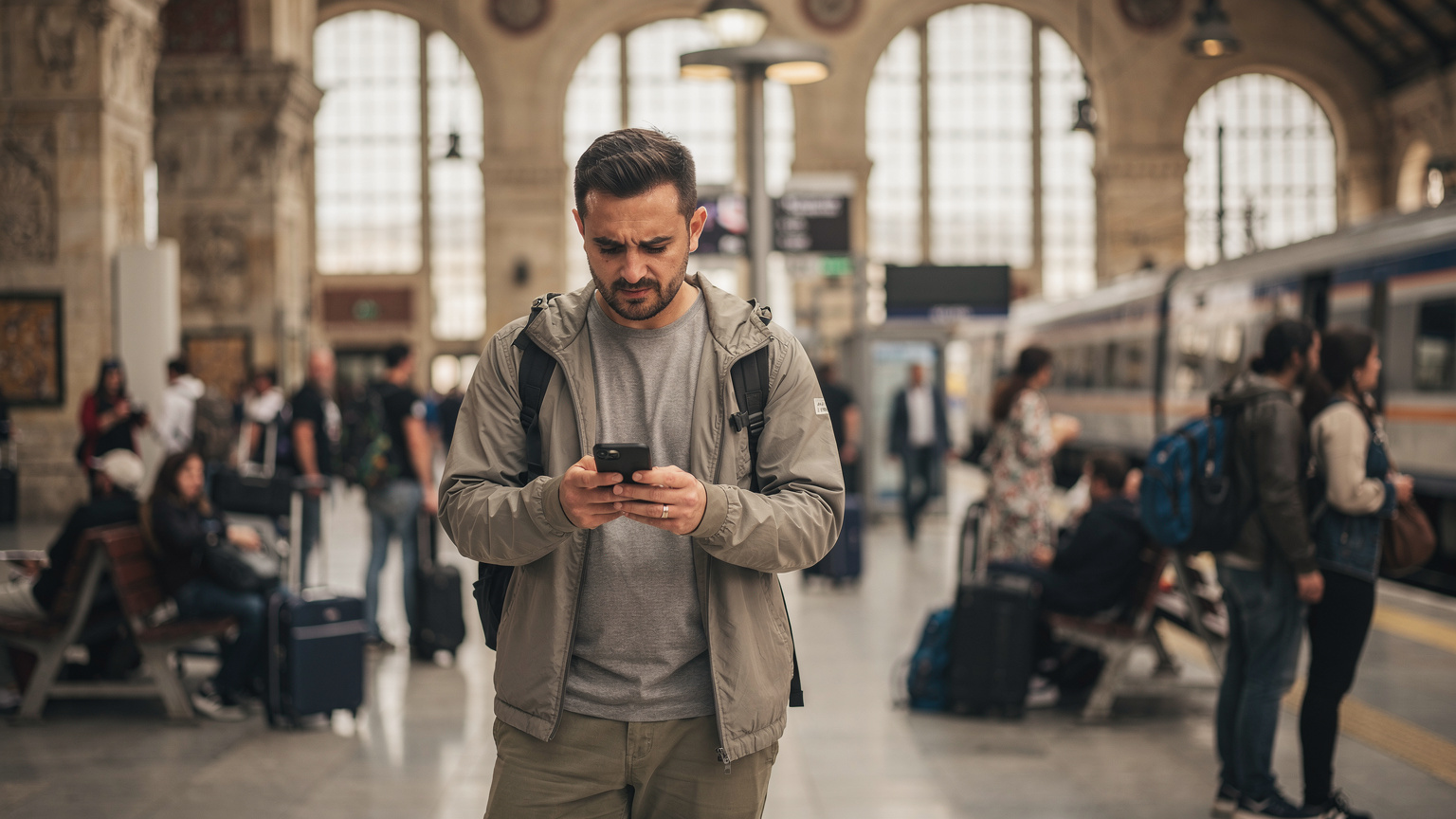 Un viajero consulta su teléfono, mostrando el código QR de una eSIM, mientras espera en la concurrida estación de tren de Sirkeci en Estambul.